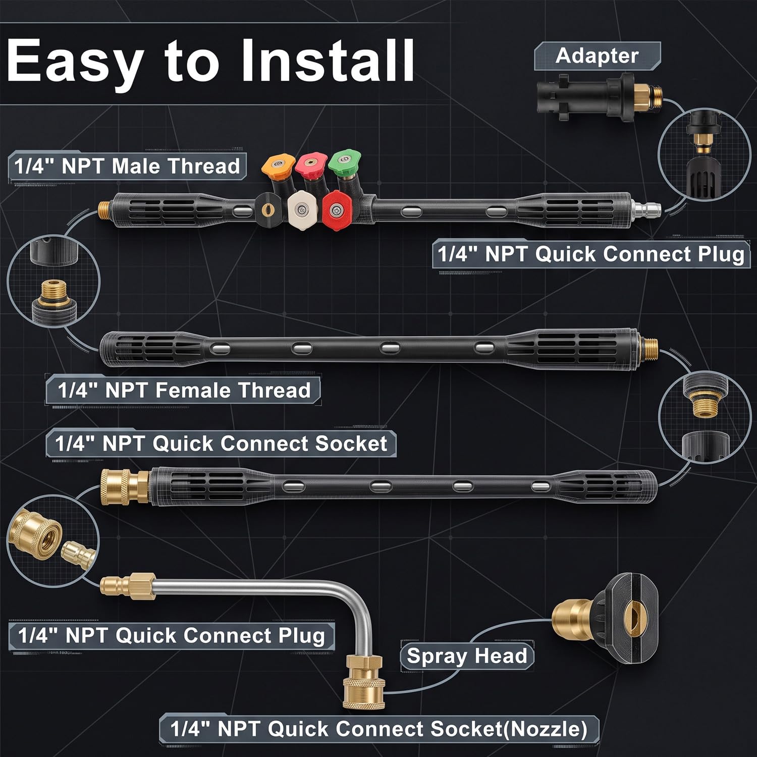 10 varillas de extensión para lavadora a presión con adaptador Karcher, herramientas de limpieza de canalones resistentes compatibles con Karcher K Series K2 K3 K4, lanza de extensión de 4000 PSI