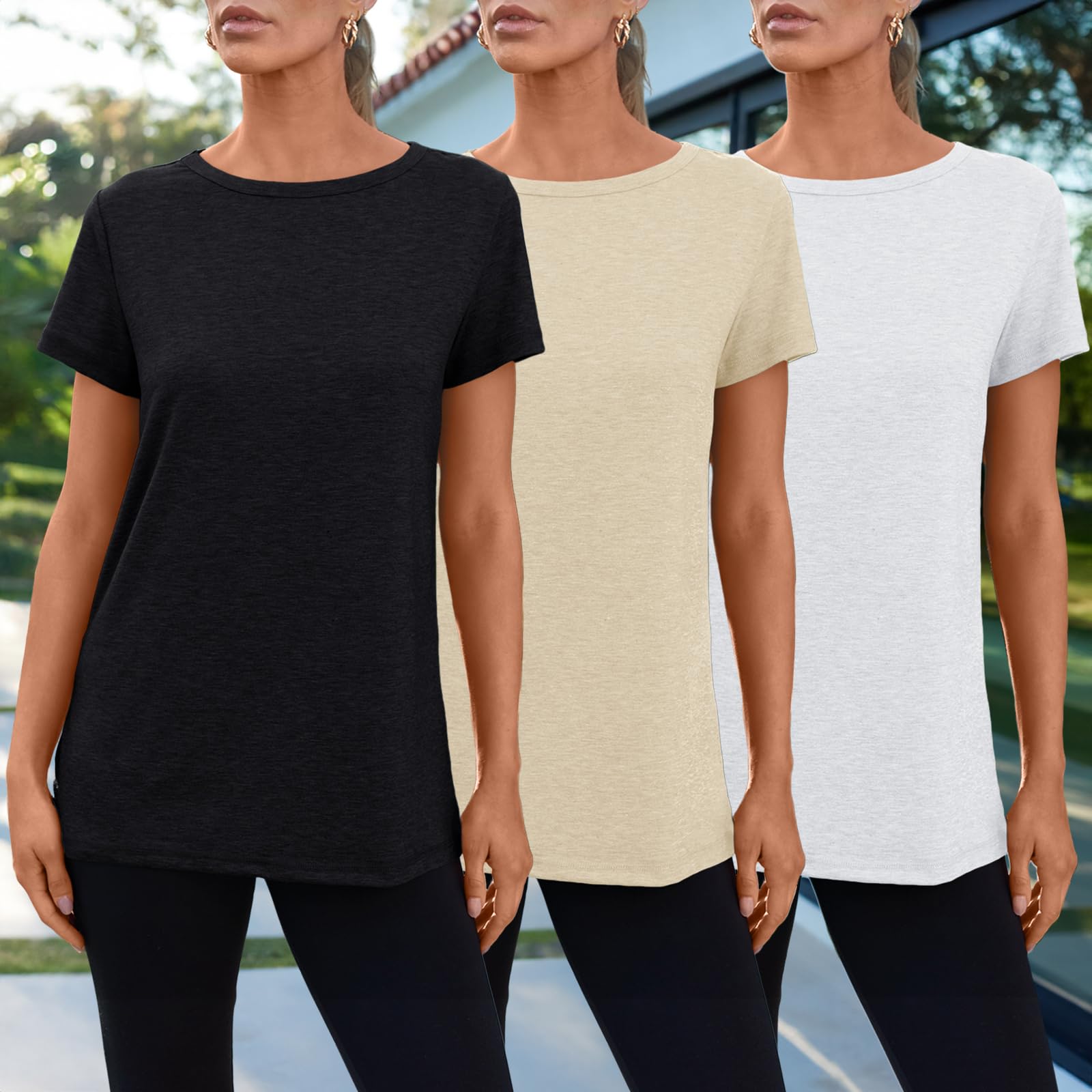 SUNBS Womens 3 Pack T-Shirts Short Sleeve Summer Tops Fashion Basic Tees Comfy Casual Vacation Outfits Workout Clothes 2026: Large 3 Pack: Whiteblackcream
