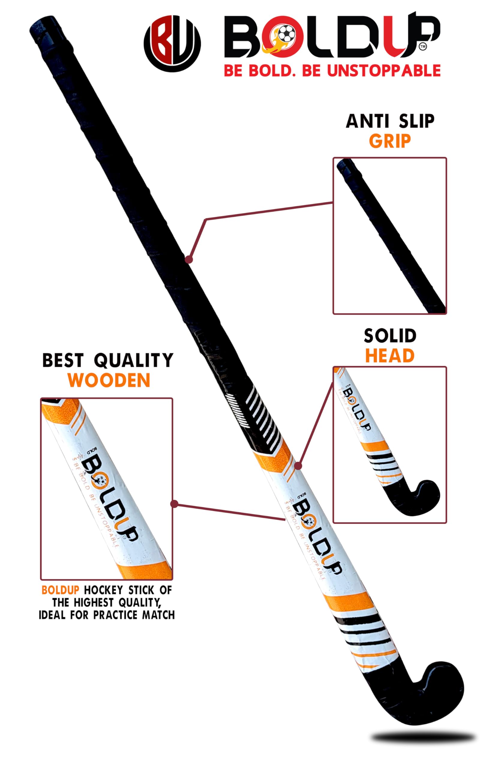 BOLDUPSolid Wood Field Hockey Stick - Beginner Practice & Self Defense Training Bat1 Ball +SHINGUARD Solid Wooden Level Solid Stick (Multicolor) 1