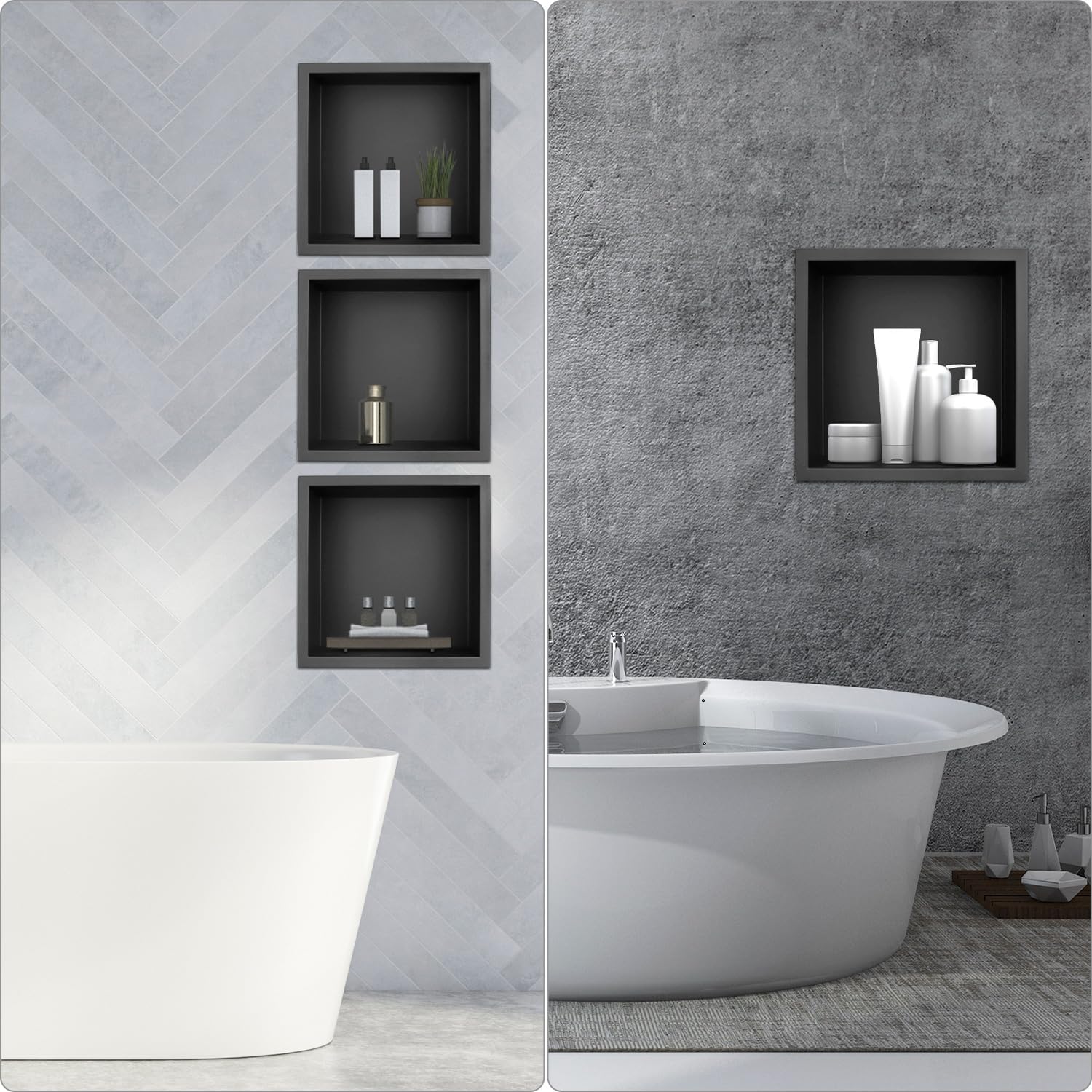 QWORK® Nicho de Ducha Empotrado de Acero Inoxidable 304, Moldura de Una Pieza, para Artículos de Tocador, Negro Mate, 32x32x12,5 cm