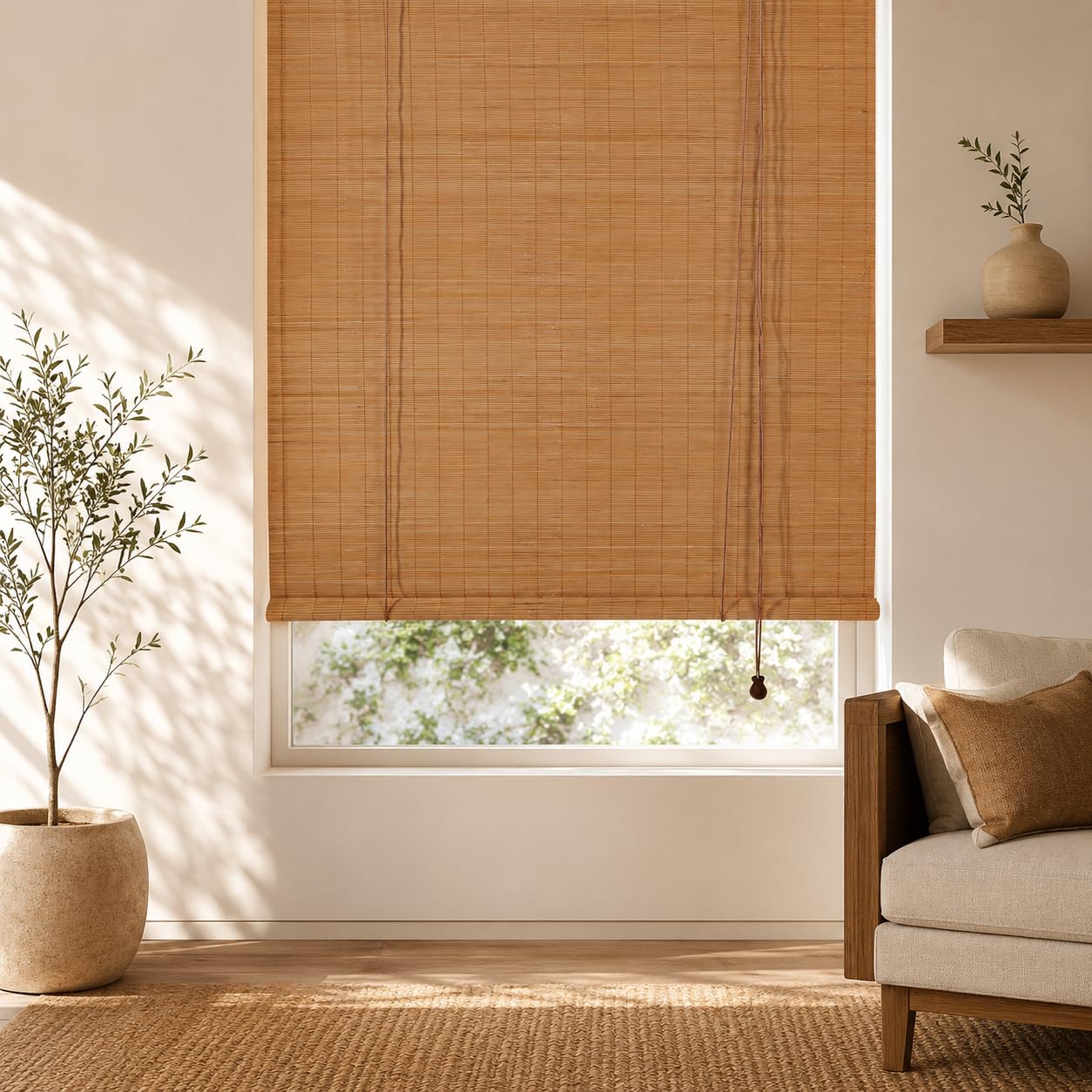 FoundGo Stores en bambou sans perçage - 100 x 120 cm (l x H) - Stores en bois rétro - Stores romains en bambou enroulables - Stores filtrant la lumière pour fenêtres d'intérieur