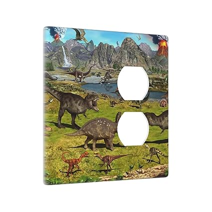 Cute Dinosaur Combo Single Blank 1 Duplex Outlet Switch Wall Plate Cover Decorative 2-Gang for Electrical Boys Kids Room Bathroom Bedroom Home Kitchen One Receptacle 4.5