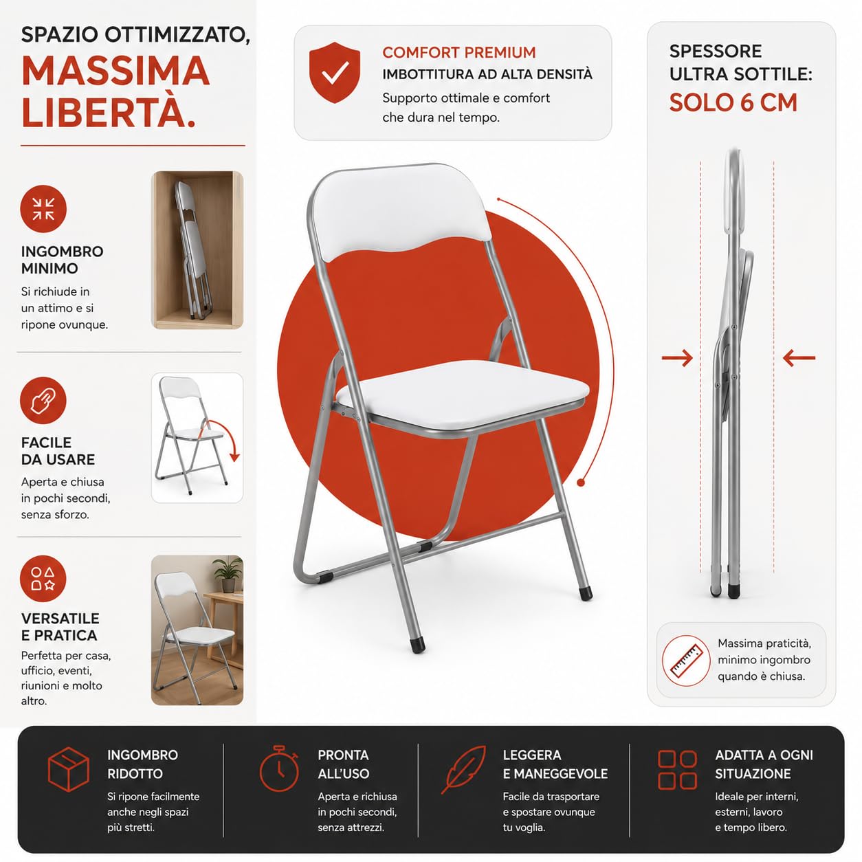 Set 6 Sedie Pieghevoli Imbottite Salvaspazio in Acciaio Bianco