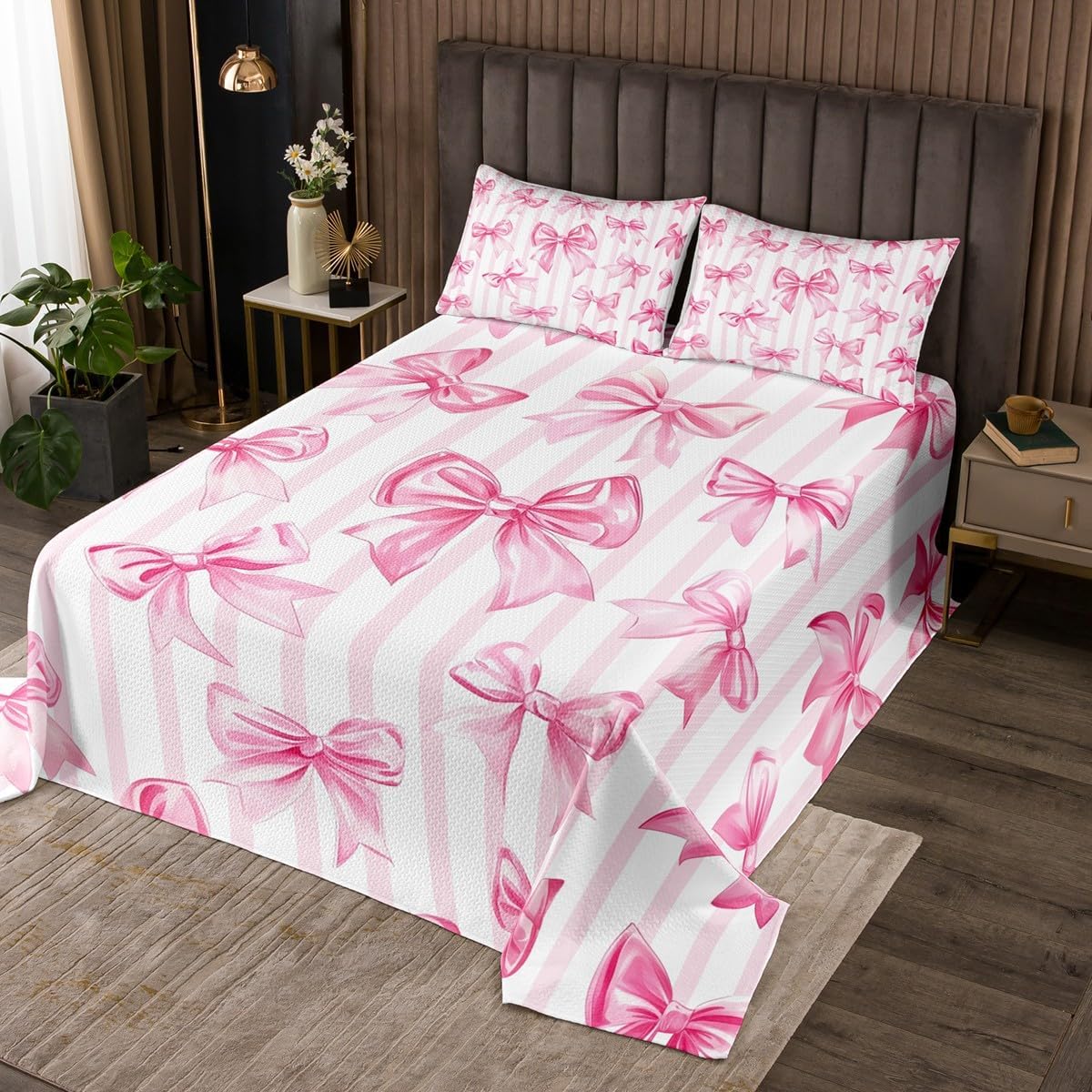 Erosebridal Bow Coverlet Set 2 Pcs,Kawaii Pink Bow Twin Girls Bedspread Set Room Decor,Cute Princess Bowknot Kids Quilt Set,Watercolor Bow Tie Bed Set 2 Pcs