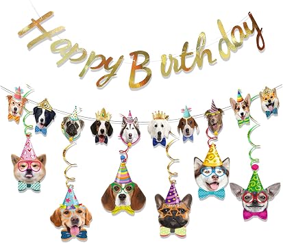 Pet Birthday Decorations Set, Themed Happy Birthday Banner & Hanging Swirls, Fun Party Supplies for Celebrations Dog