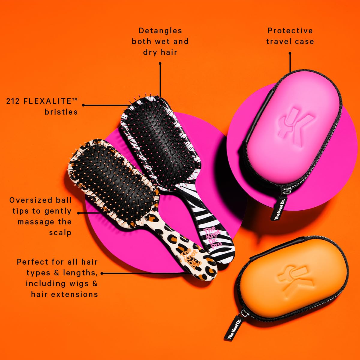 The Knot Dr. Entwirrende Haarbürste, Entwirrungsbürste für nasses und trockenes Haar, Reiseutensilien, Flexalite™-Borsten, reduzieren Haarbruch und beseitigen Knoten, Pro mit rosa Kopfhülle
