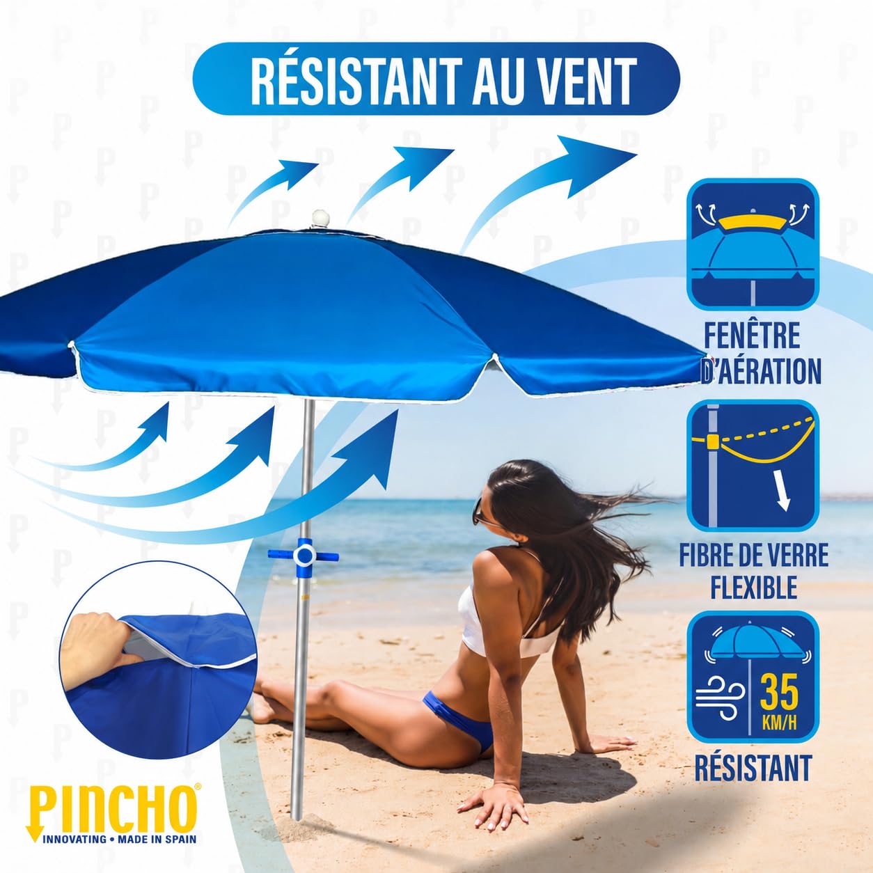 Pincho Grand parasol de plage 240 cm d'arc, anti-vent jusqu'à 35 km/h, protection UV 50, matériaux de qualité, 8 baleines en fibre de verre, bâton inclinable
