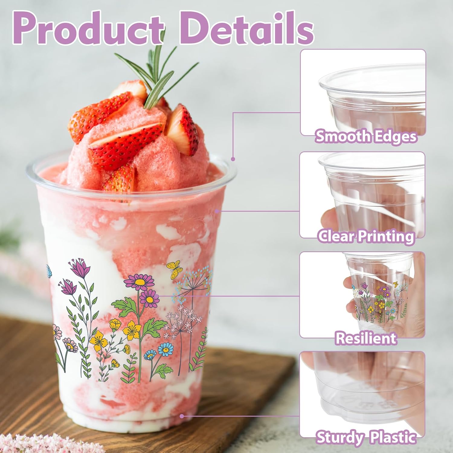 100 Pcs Wildflower Plastic Cups 12 oz Floral Party Cups Vintage Floral Drinking Cup Flower Spring Summer Disposable Cup for Spring Groovy Party Wildflower Baby Shower Birthday Supplies