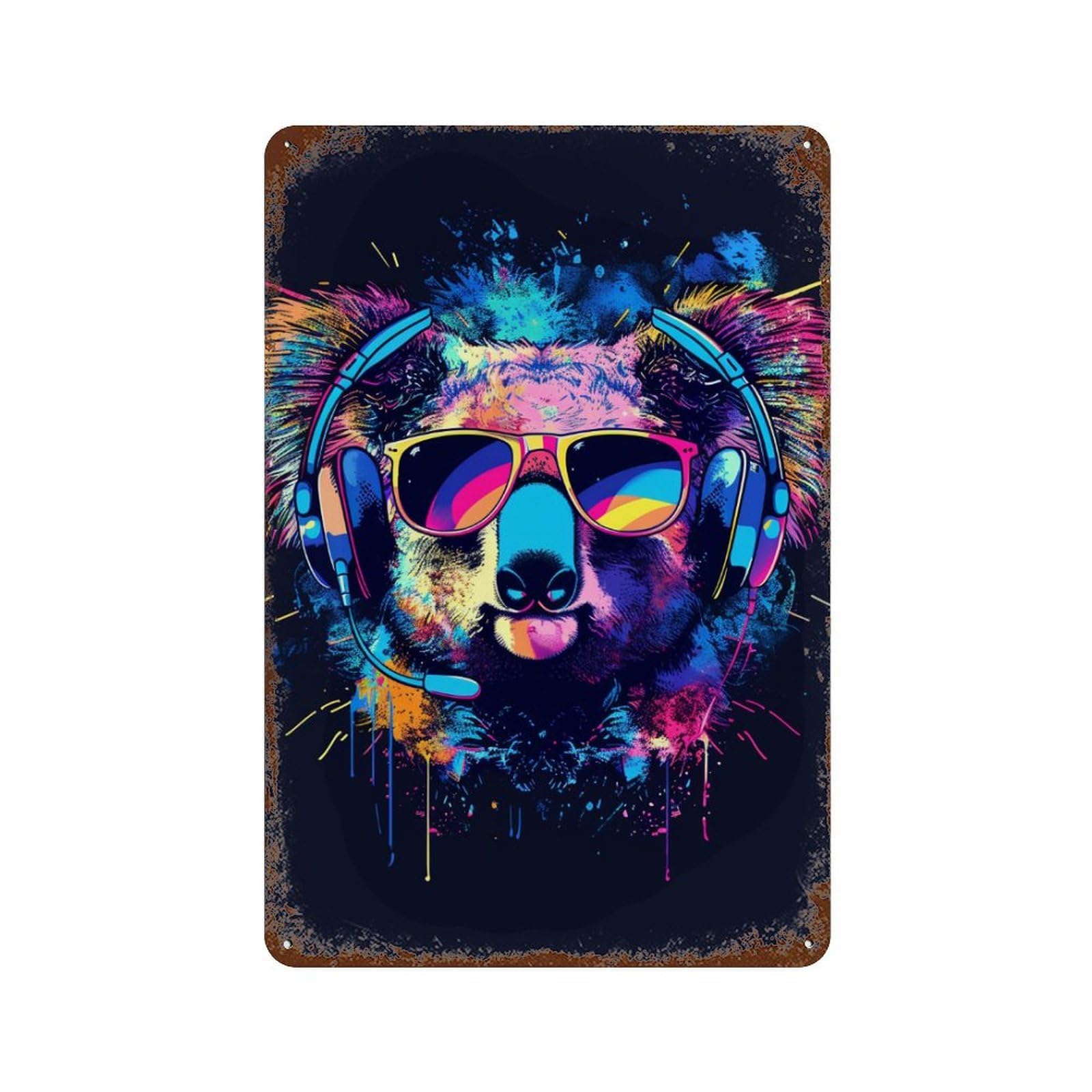 Colorful Koala Headphones Art Print Vintage Metal Tin Sign 11.8"x7.9", Old School Wall Decor for Living Room, Hallway And Home Decor