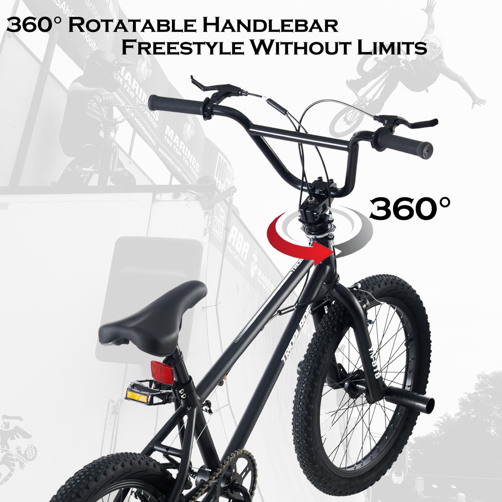 20 Zoll BMX Bike, Freestyle Fahrrad mit Leichter Stahlrahmen, 360° Drehbarem Lenker, Aluminiumräder, Bike mit Vorder—und Hinterrad-U-Bremse, 4 Pegs, Für Teenager & Erwachsene（Schwarz）