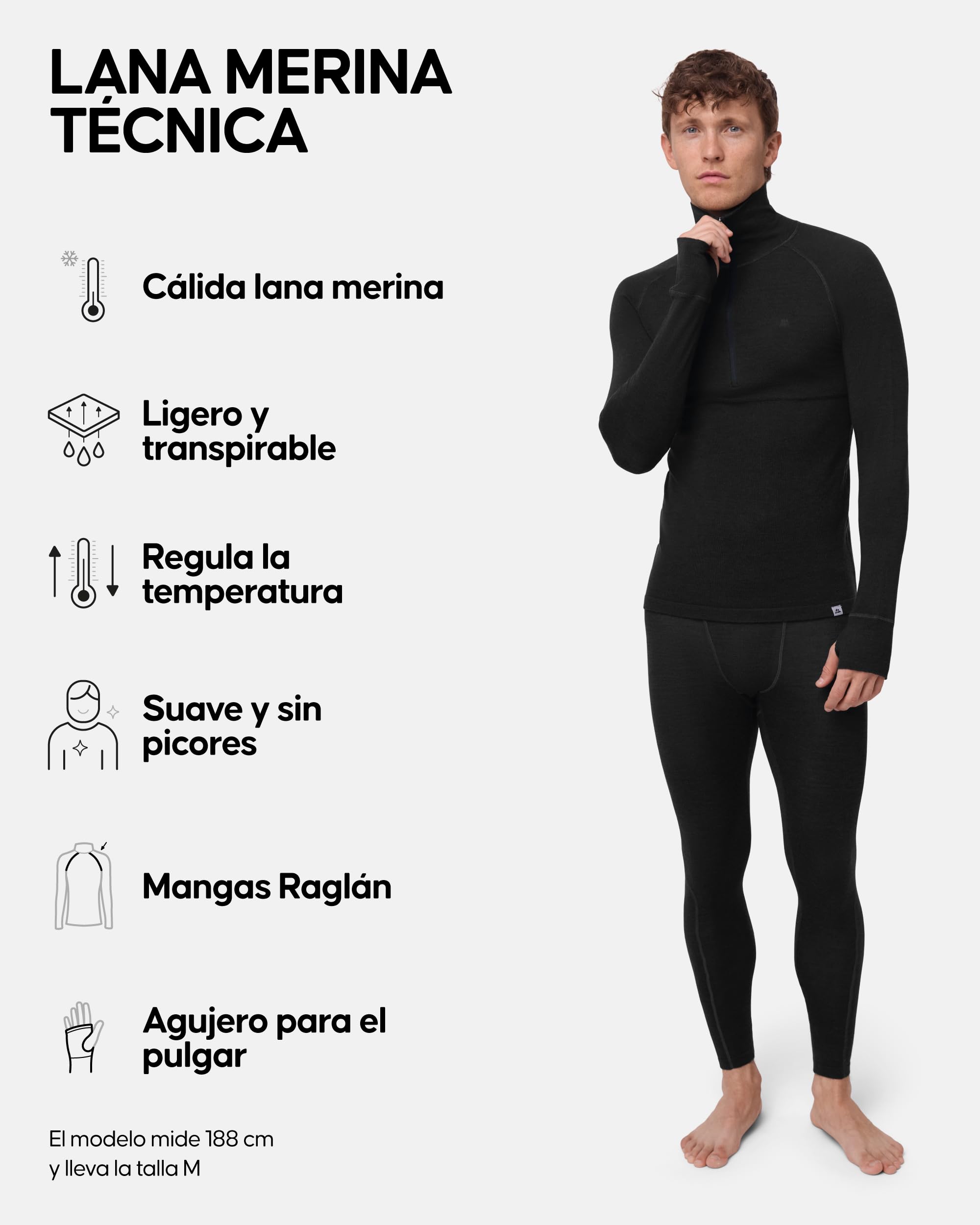 DANISH ENDURANCE Capa Base Media Cremallera Merino Hombre, Conjunto Térmico