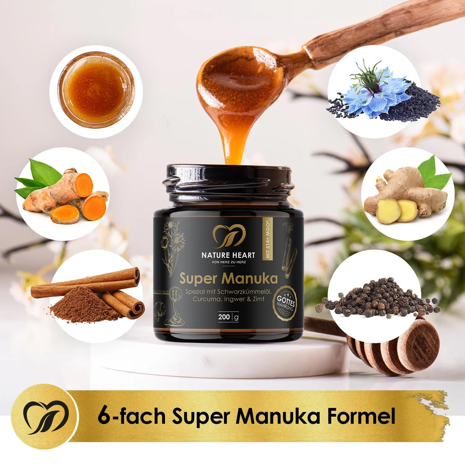 Nature Heart 4x Super Manuka Honig MGO 514+ mit Schwarzkümmelöl | Ceylon Zimt, Ingwer-, Kurkuma- & Pfefferextrakt | 100% Neuseeland | Unabhängig geprüft