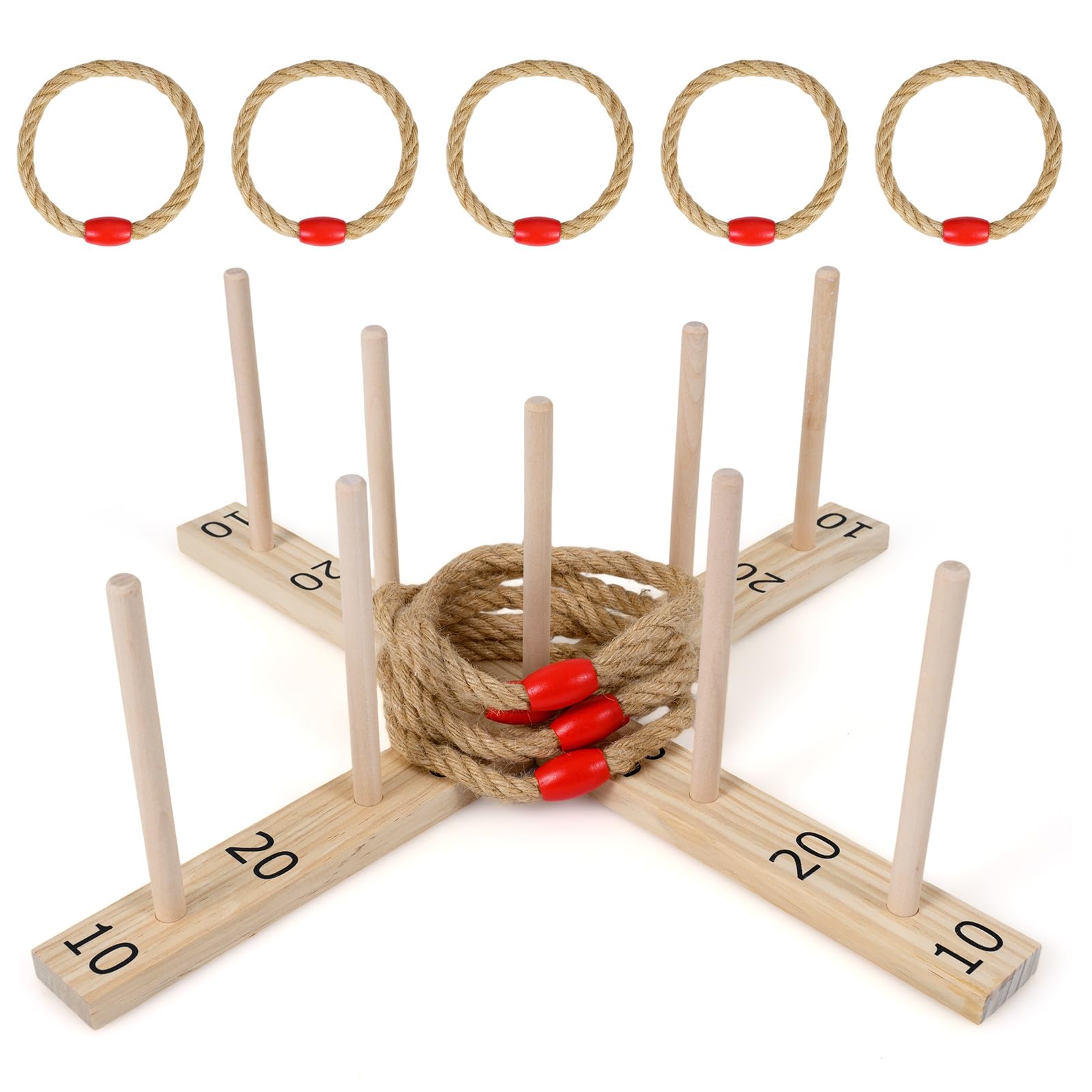 COSTWAY Ring Toss Game for Kids & Adults, Wooden Quoits Games Set with Rope Rings, Indoor Outdoor Portable Throwing Game Toy for Beach Backyard Picnic Party (Natural, 50 x 50 x 17cm, 5 Rings)