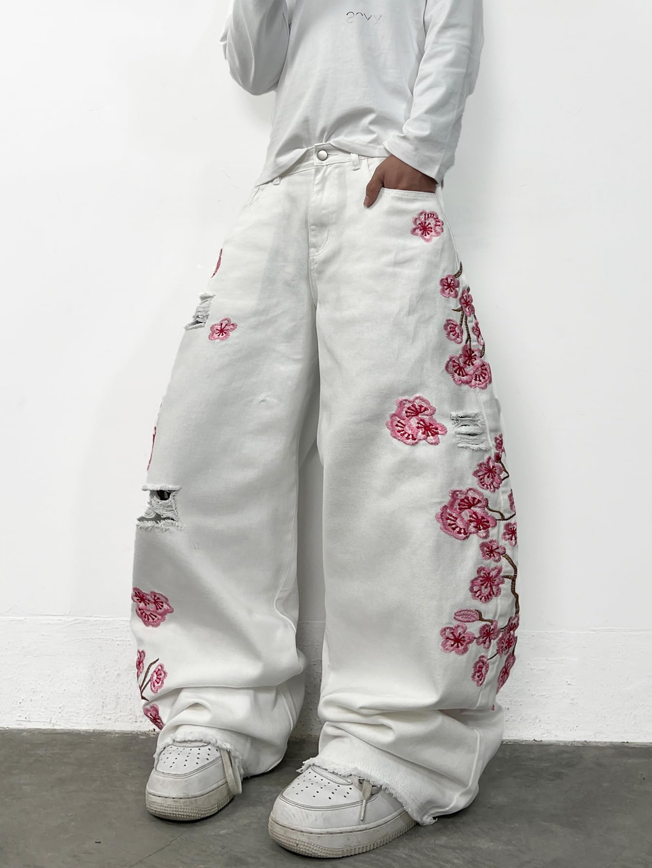 Jeans larghi ricamati da uomo, stile hip hop, fiori di prugno, gamba larga, Y2K