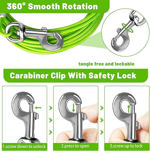 Miniatura 2 de Cable de amarre para perros de 1015202530 pies para patio, cable de alambre de acero con clips superiores duraderos, cadenas verdes para exteriores