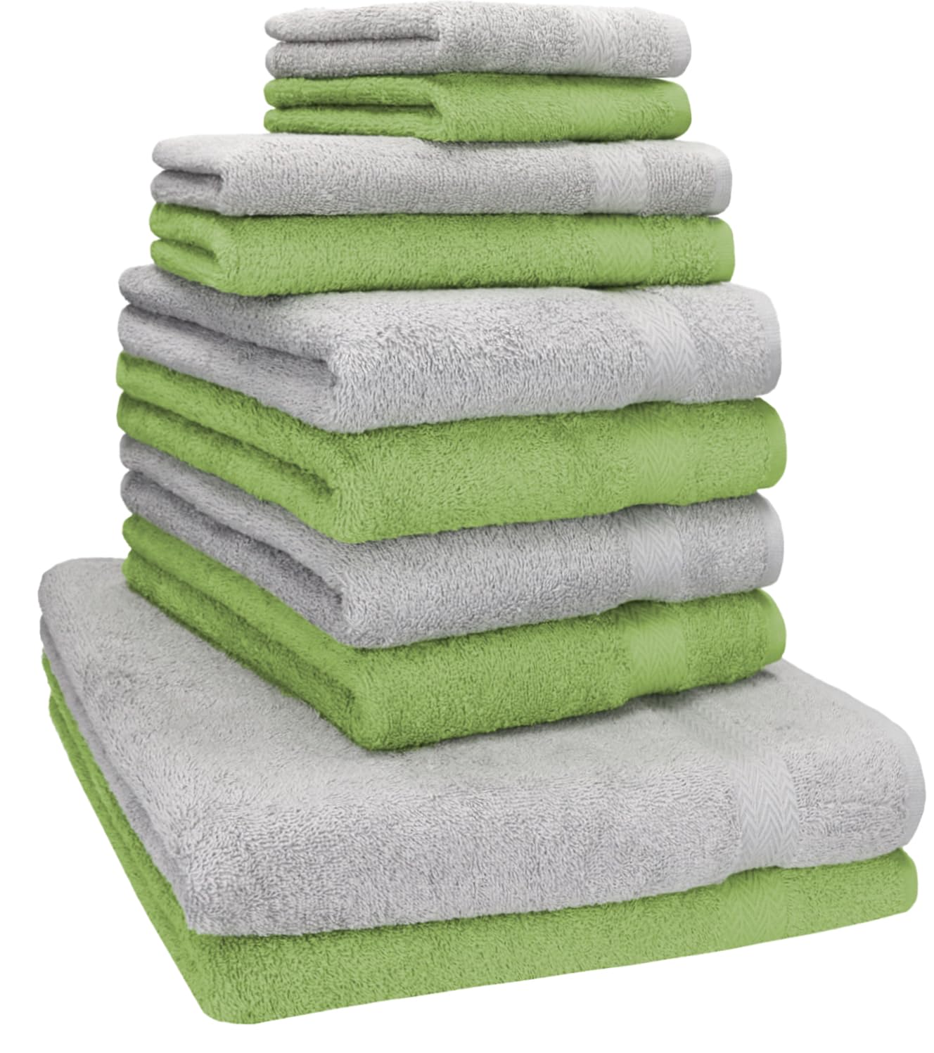 Betz Juego de 10 Toallas Classic 100% algodón 2 Toallas de baño 4 Toallas 2 Toallas de Mano 2 Toallas Cara de Color Verde Manzana y Gris Plata