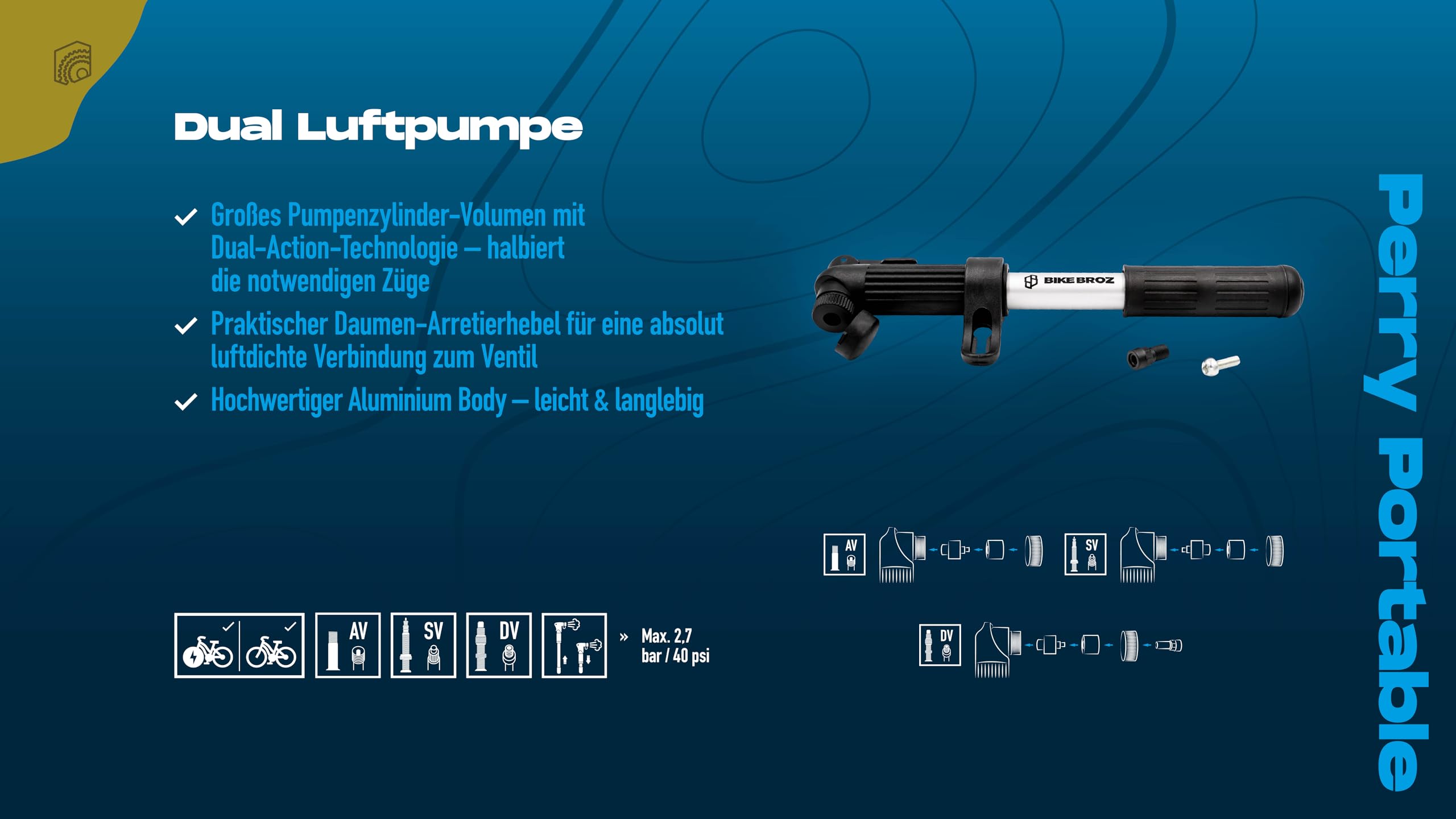 Perry Mini-fietspomp met dubbele slag voor alle ventielen (AV, SV, DV), kleine fietspomp voor racefiets, e-bike, MTB enz. BIKE BROZ - 6