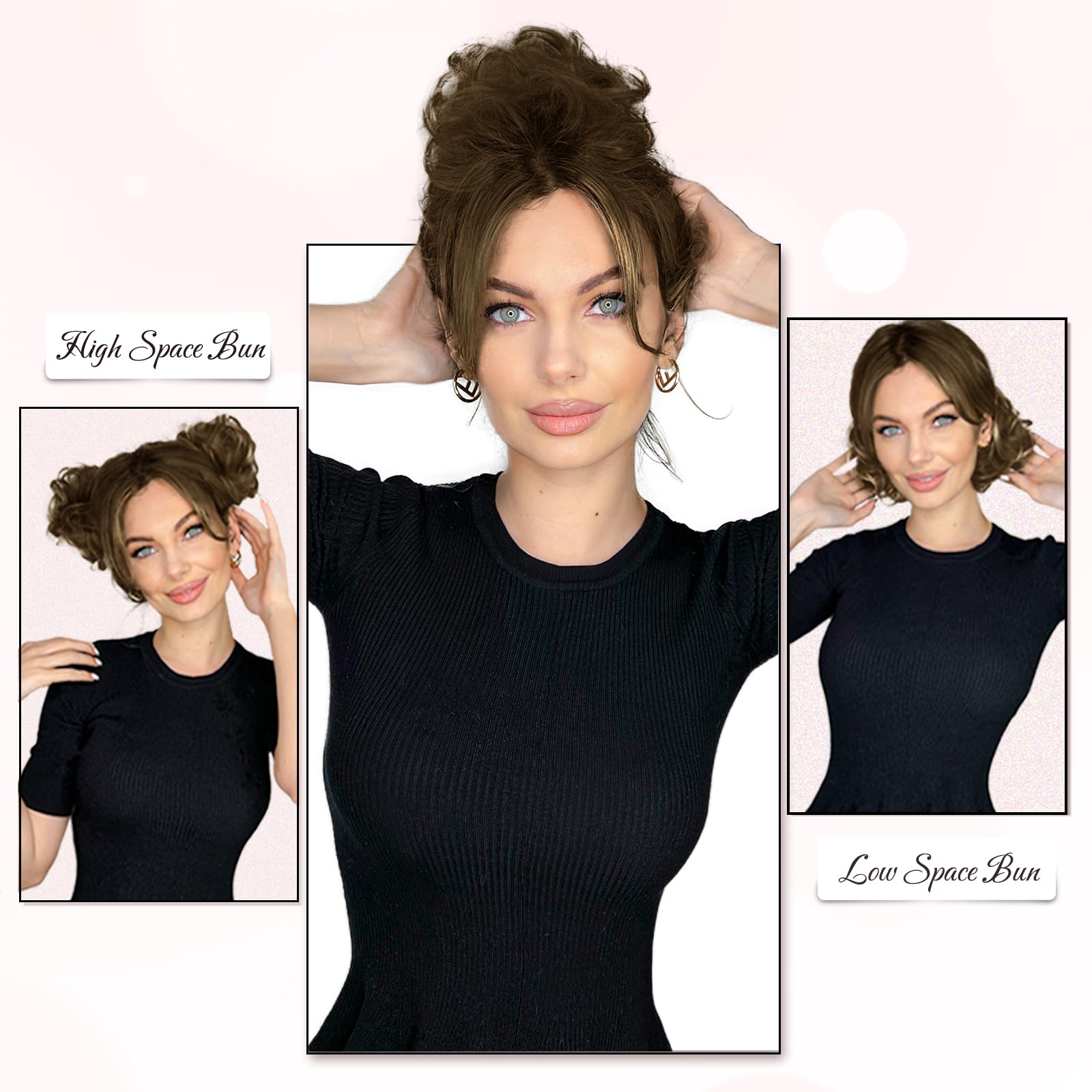 RUWISS Chignon di Capelli 100% Capelli Umani Elastici Chignon Ondulato Capelli Veri Coda di Cavallo Pezzo di Capelli Spessi Updo per Donne Ragazze, Marrone Scuro con 15% Bionda Cacao Scuro