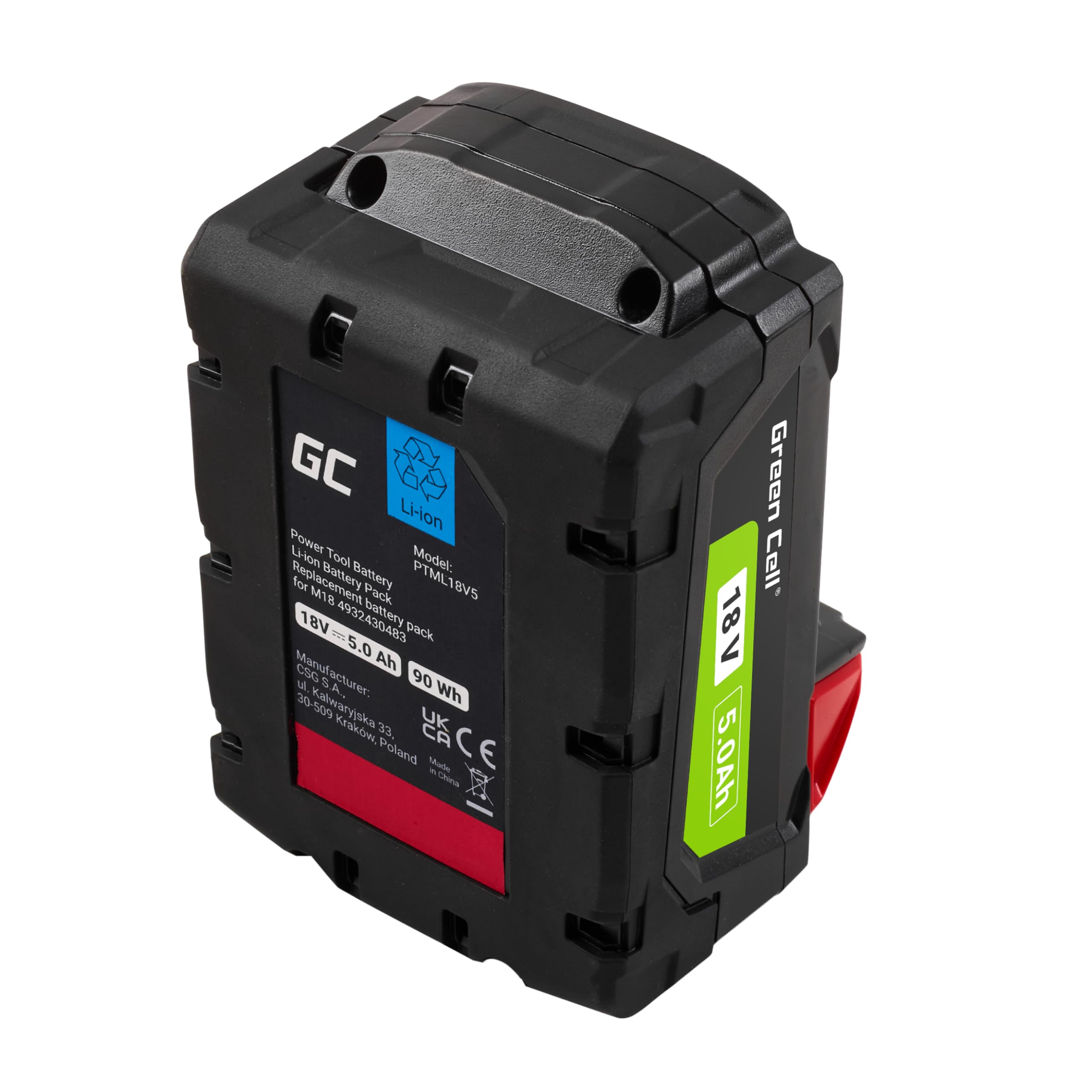 Batteria Green Cell 18V 5Ah Li-Ion per utensili elettrici Milwaukee M18 — Potente, altamente efficiente e affidabile, Sostituto del 4932430483, offre un'alimentazione duratura e stabile