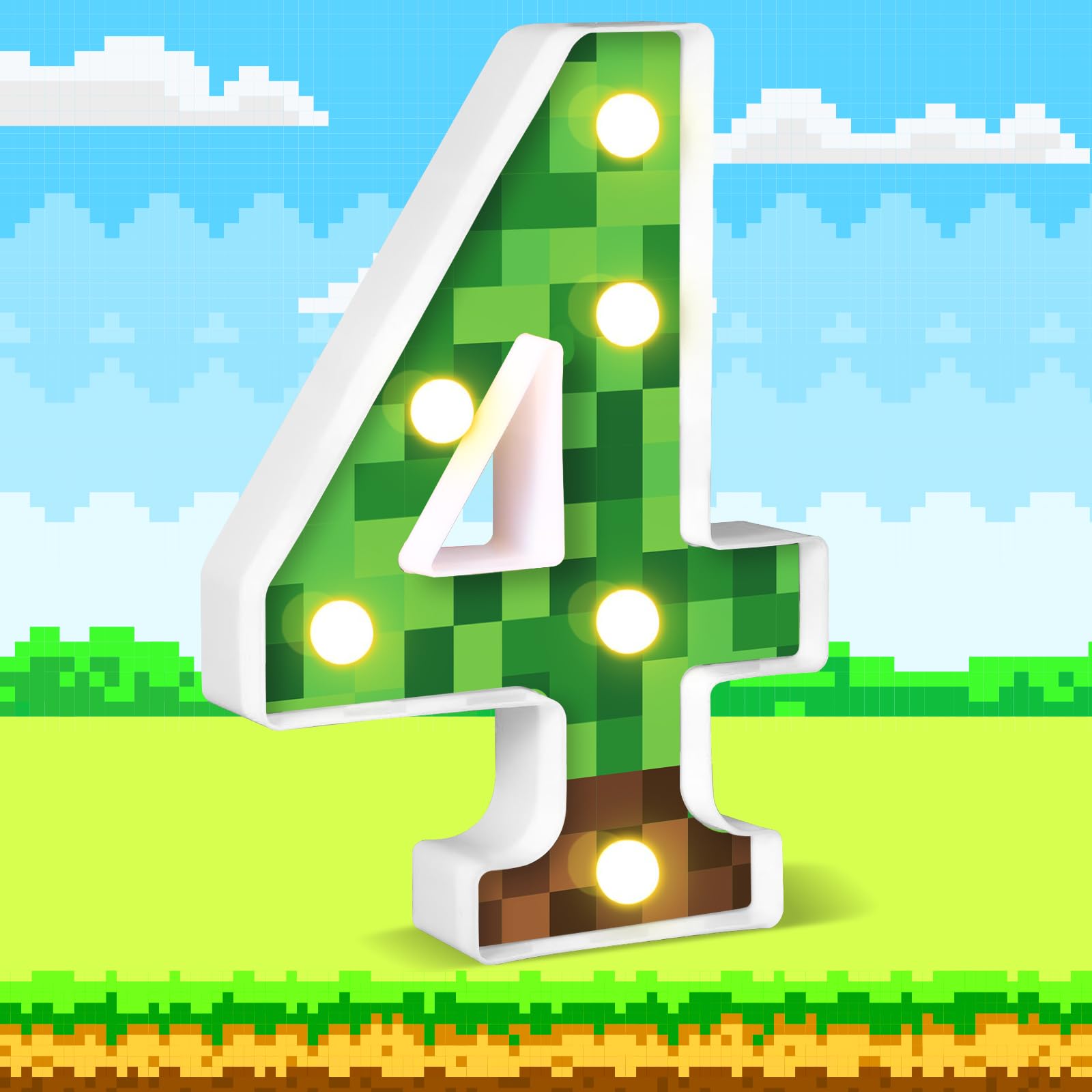 8.5" Pixel Game Light up Numbers Pixel Game Birthday Decorations Happy Birthday Light up Sign Pixel Pattern Game Theme Night Light Pixel Party Supplies Table Centerpieces (Number 4)