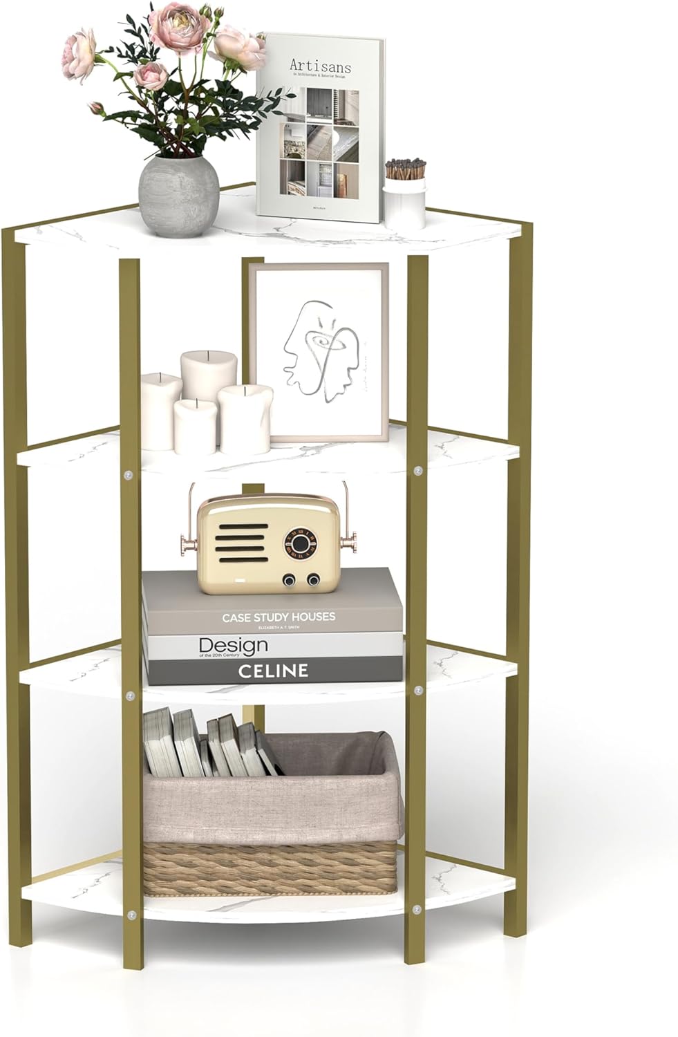4 Tier Corner Bookshelf, Industrial Corner Shelves Plant Stand Small Short Corner Shelf Table, Wood Corner Display Shelf Corner Shelving Unit for Small Spaces, Living Room, Bedroom (White)