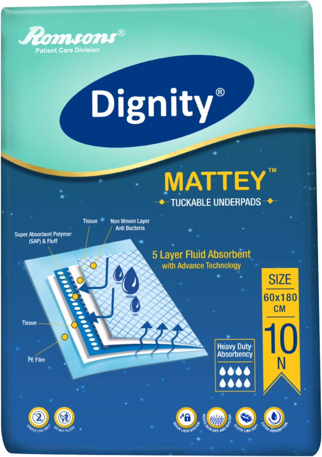 Dignity Mattey Disposable Tuckable Underpads, 60 X 180 cm, 10 Pcs/Pack (Pack of 1)
