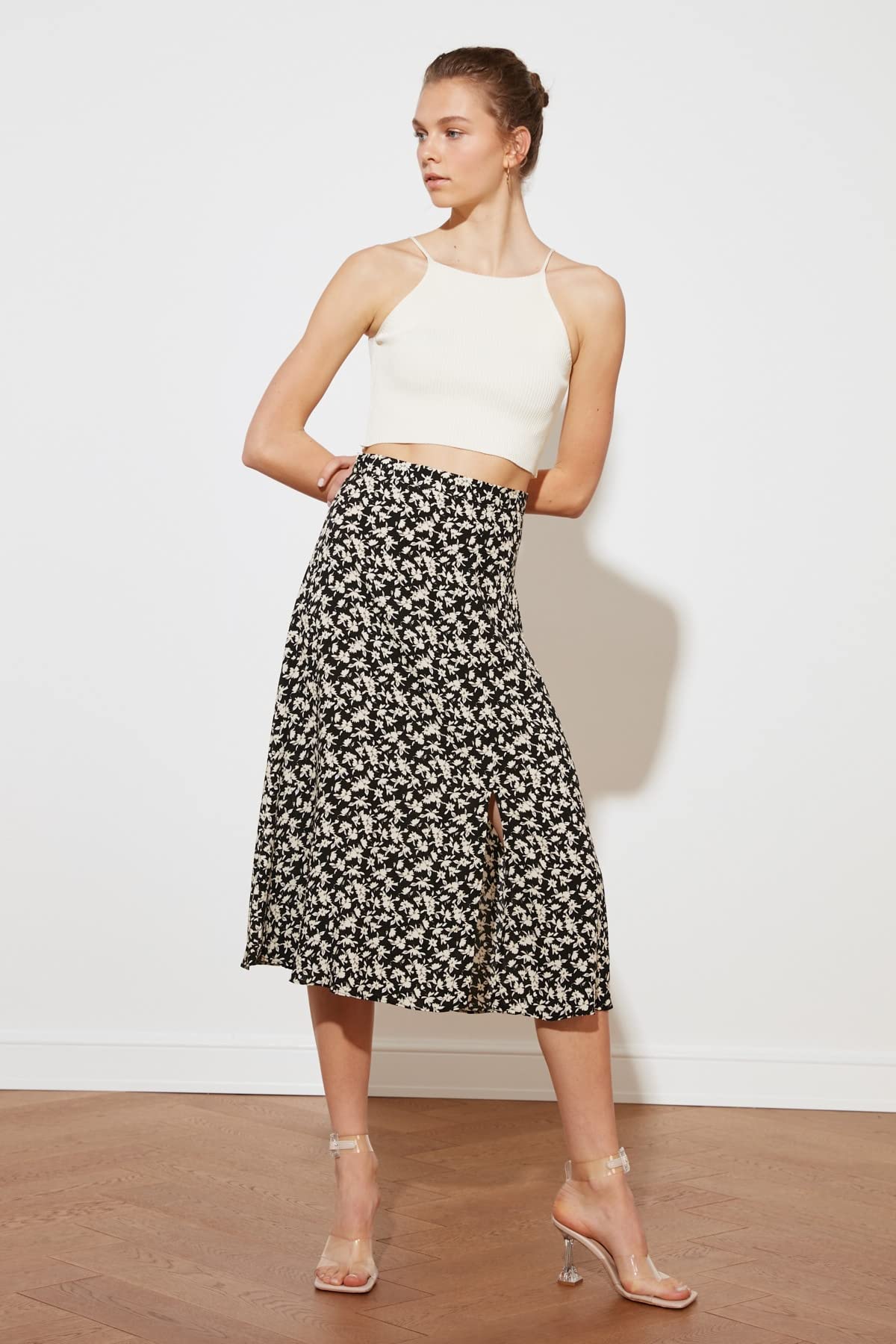 Trendyol Women's Black floral Patterned teardinner Skirt, 40