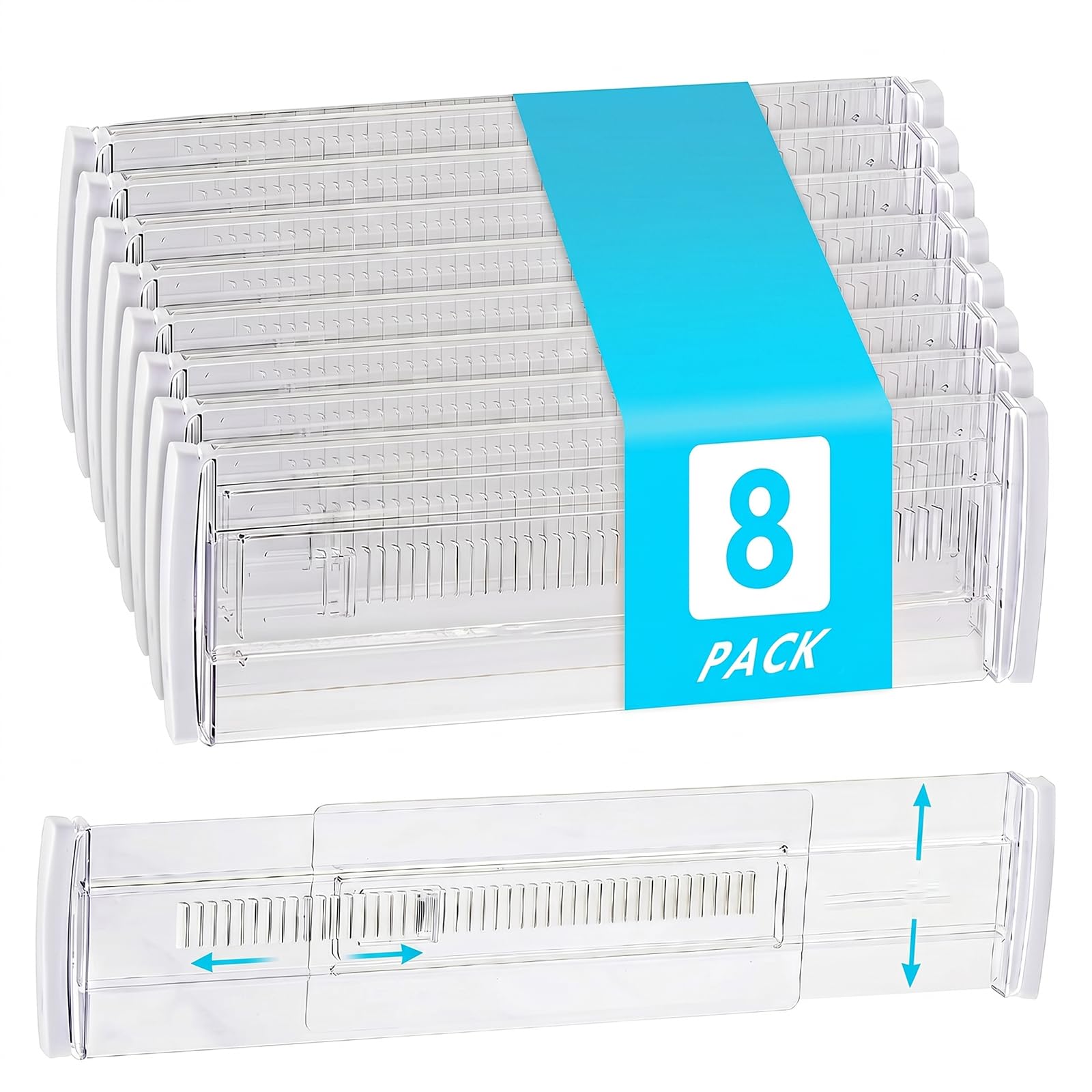 Lot de 8 séparateurs de tiroir réglables | Séparateurs transparents (Longueur : 28,7 à 50,5 cm) | Organiseurs de tiroir pour cuisine, dressing, bureau et commode