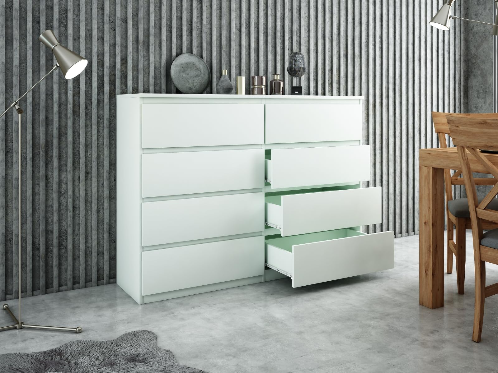 meble masztalerz Cassettiera Camera da Letto con 8 Cassetti - Credenza Soggiorno - Moderna Comò - Cassettiera Alta - Mobiletto con Cassetti - Bianca 120 x 39 x 101,5 cm