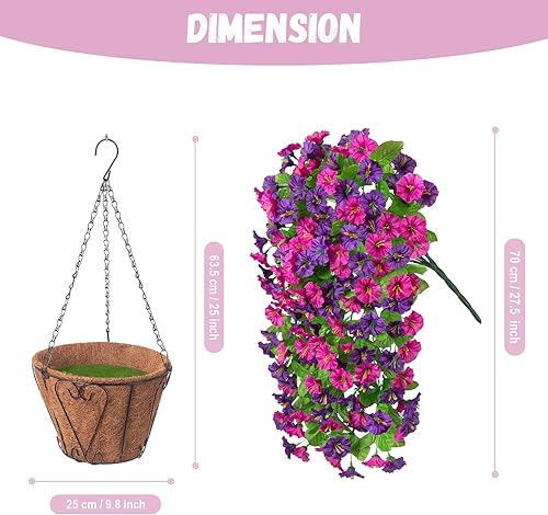 Miniatura 19 de Artificial Flowers with Hanging Basket, Outdoor Faux Plants Silk Morning Glory Vines, Fake Green Arrangement for Garden Patio Spring Summer