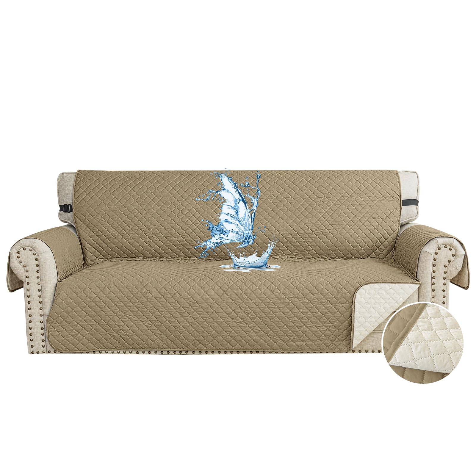 CYCMACO Funda Sofa Impermeable 3 Plazas, Cubre Sofas Antiarañazos Gatos, Couch Cover Antideslizante Antimanchas, Universal, con Reposabrazos, Lavable, Caqui