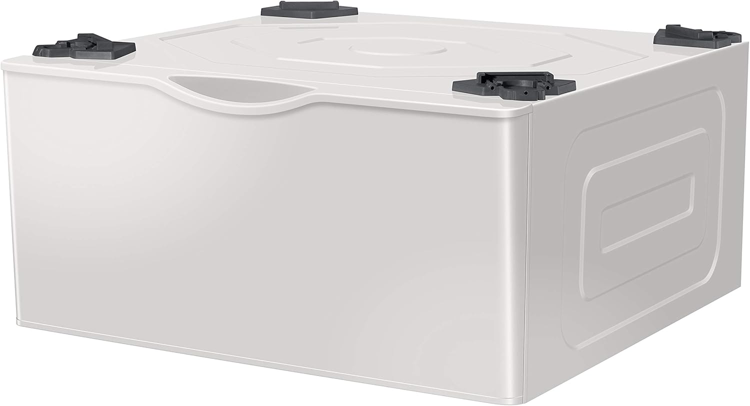 SAMSUNG 27-Inch Washer Dryer Pedestal Stand w/ Pull Out Laundry Storage Drawer, Stainless Steel, WE402NE/A3, 28.1D x 27W x 14.2H, Ivory