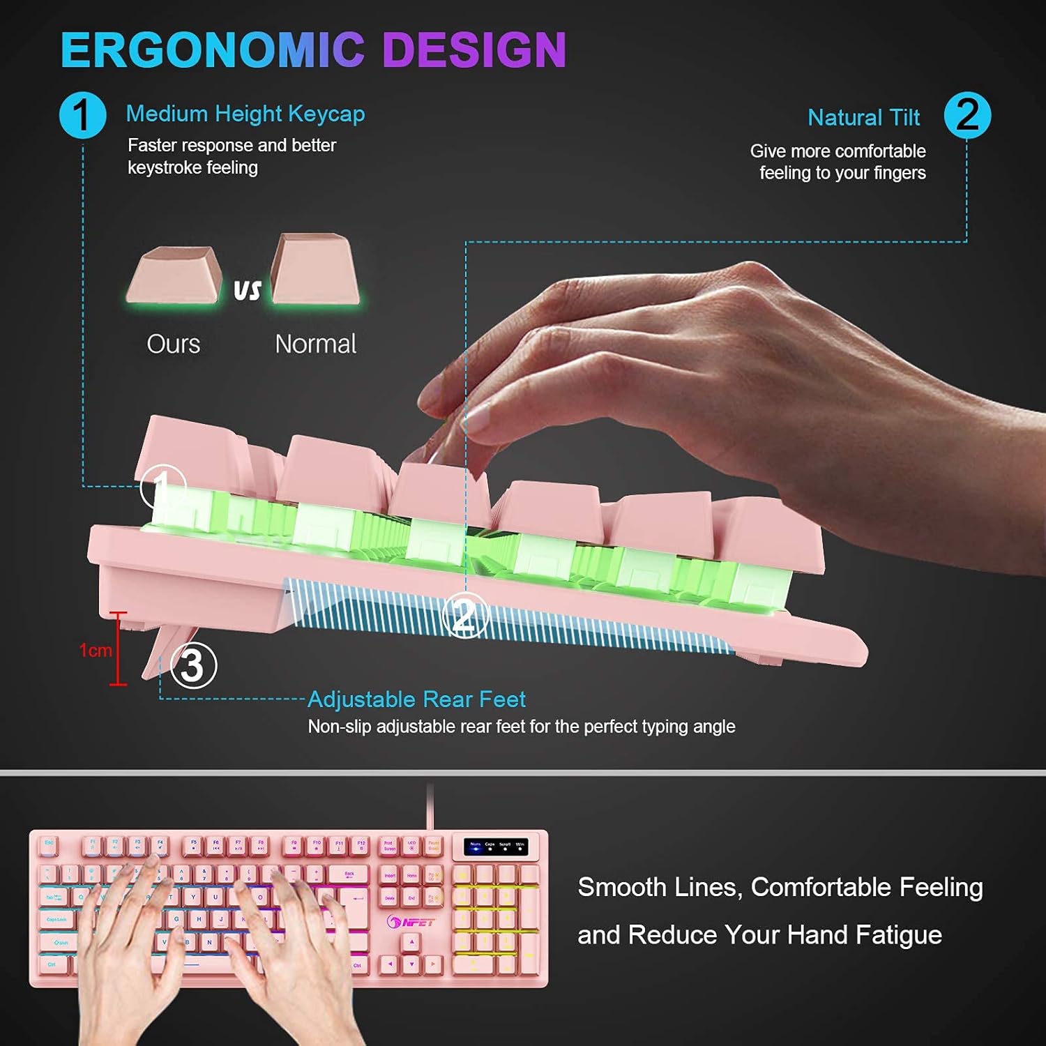 NPET K10 keyboard showing FN+W key combination for WASD and arrow key swap