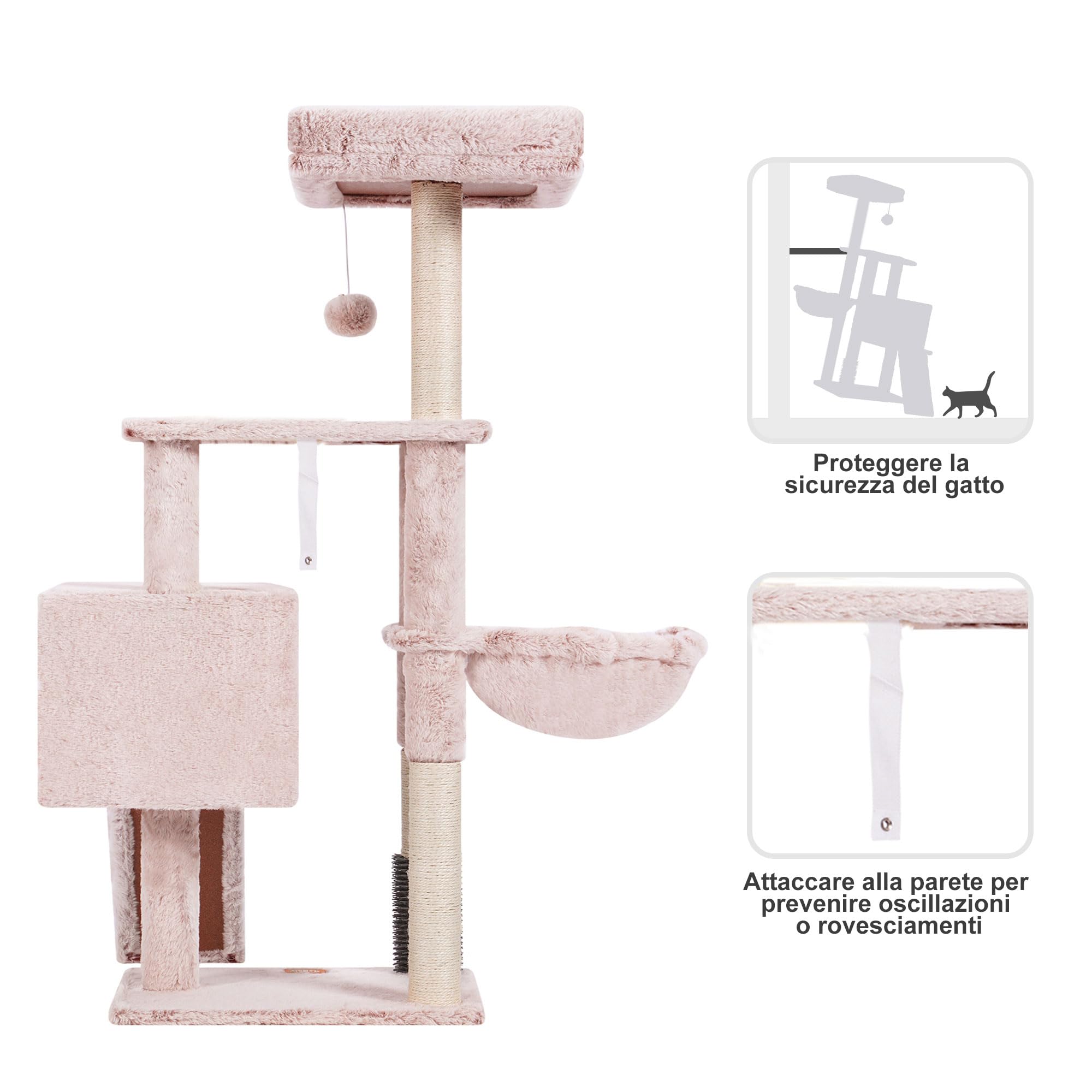 Heybly Albero Per Gatti, Il Pennello di Autocurazione, l'Albero per Gatto Domestici, con Peluche Lisce, Poltrona di Riposo, Nido per Gatti e Paletti per Graffiare, Beige Marrone HCT005SMU