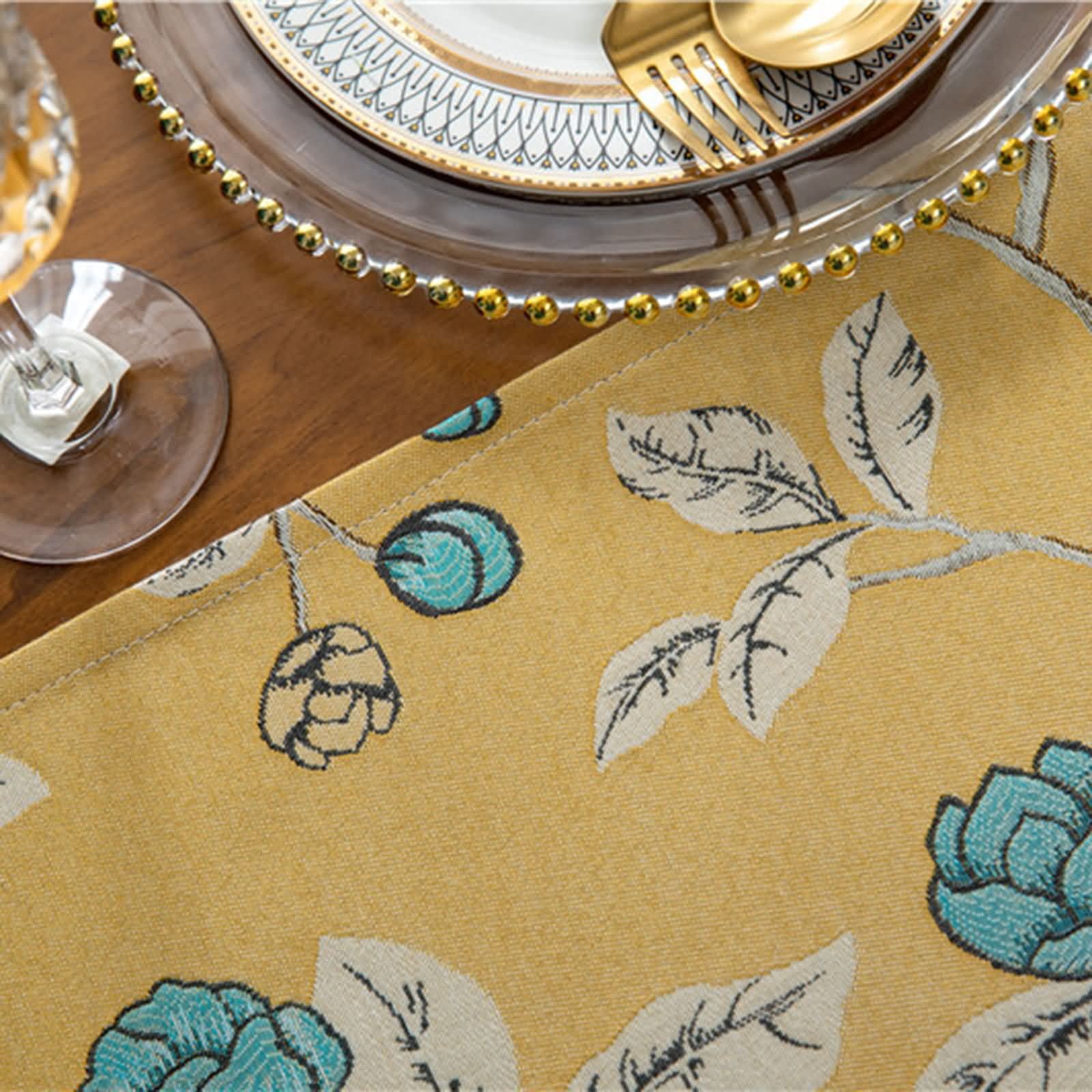 Dekostoff Tischläufer Modern, Polyester Tischläufer Abwaschbar Weihnachtlicher Tischläufer Wohnzimmer Zweige mit Blumen und Blättern Gelb 33x180CM