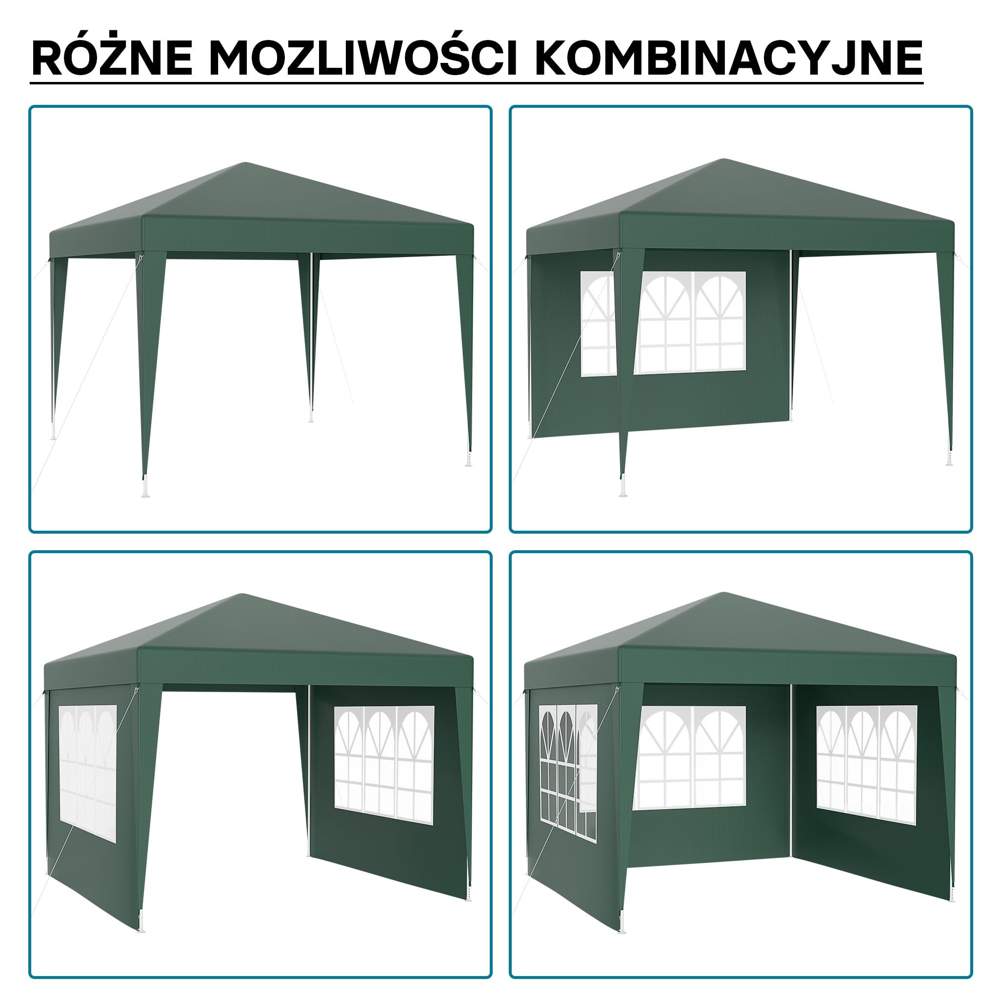 Wiltec Pawilon 3 x 3 m w kolorze zielonym z ochroną UV 50+, altana ogrodowa ze zdejmowanymi bokami, namiot imprezowy z oknami, np. na taras i festiwale