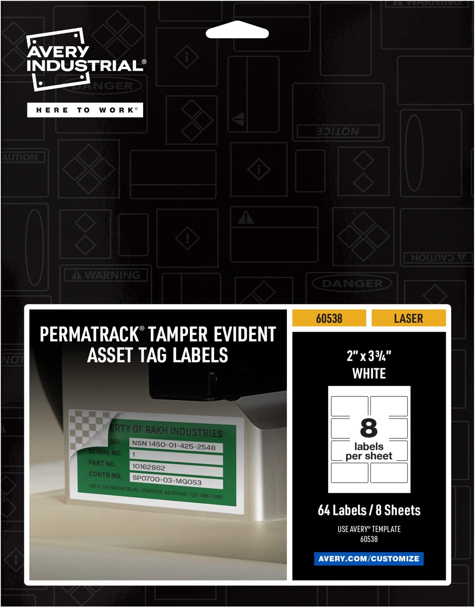 Avery White Asset Tag Labels, 3-3/4" x 2", Tamper-Evident Laser Printable Tags, 64 Waterproof Labels (60538)