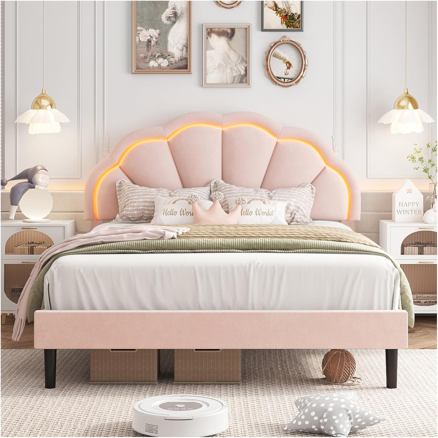 incomplete similar to stock photo HIFIT Full Upholstered Smart LED Bed Frame with Adjustable Chic Petal Headboard, Princess Full Size Platform Bed Frames for Kids/Girls, Wooden Slats Support, No Box Spring Needed, Easy Assembly, Pink Full Pink