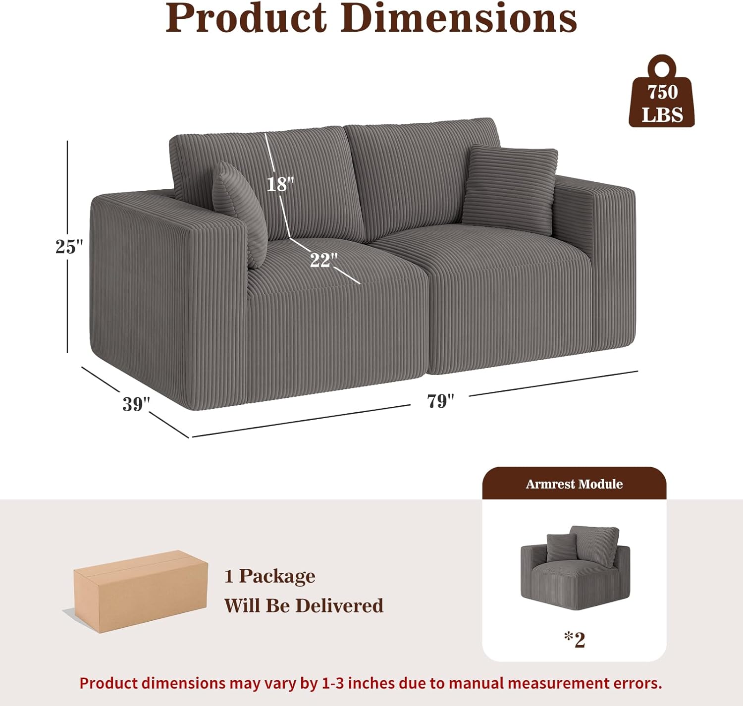 79" Modular Loveseat Cloud Couch, Memory Foam Boneless Double Sofa, Comfy Upholstered Corduroy Frameless Furniture, No Assembly Required Small Couch for Apartment, Living Room, Office House, Grey
