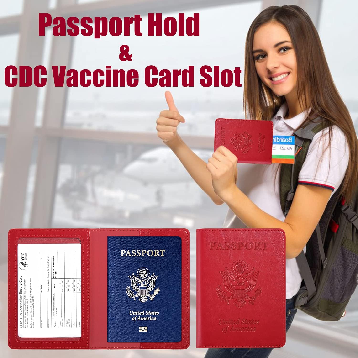  | Passport and Vaccine Card Holder,PU Leather Passport Cover with CDC Vaccine Card Protector,Travel Upgraded Passport Wallet Passport Case for Women Men（Red） | Passport Covers