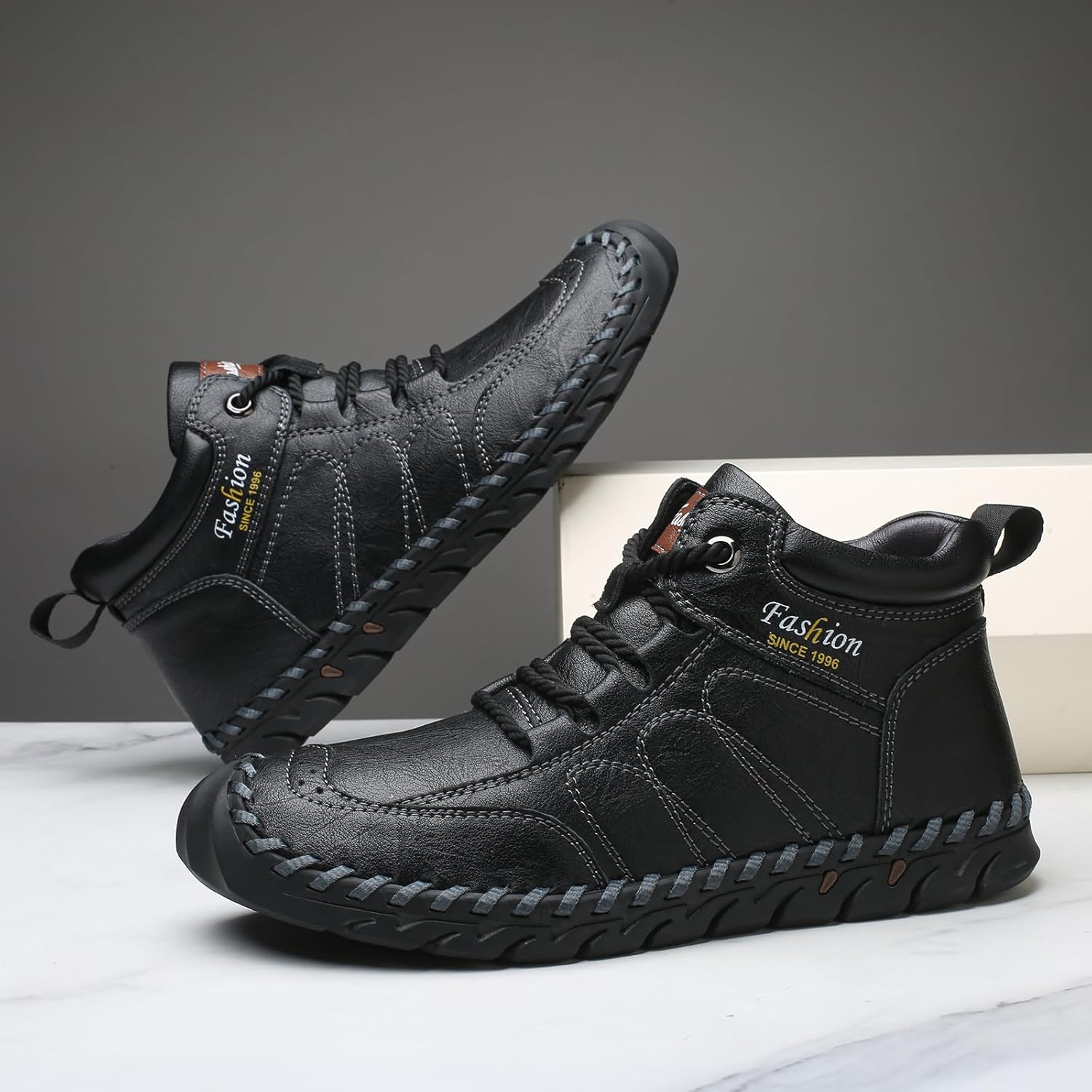 Men's Leather Handmade Lace Up Ankle Boots Retro Round Toe Hand Stitching High Top Sneakers Outdoor Hiking Working Driving Casual Chukka Boots - Image 3