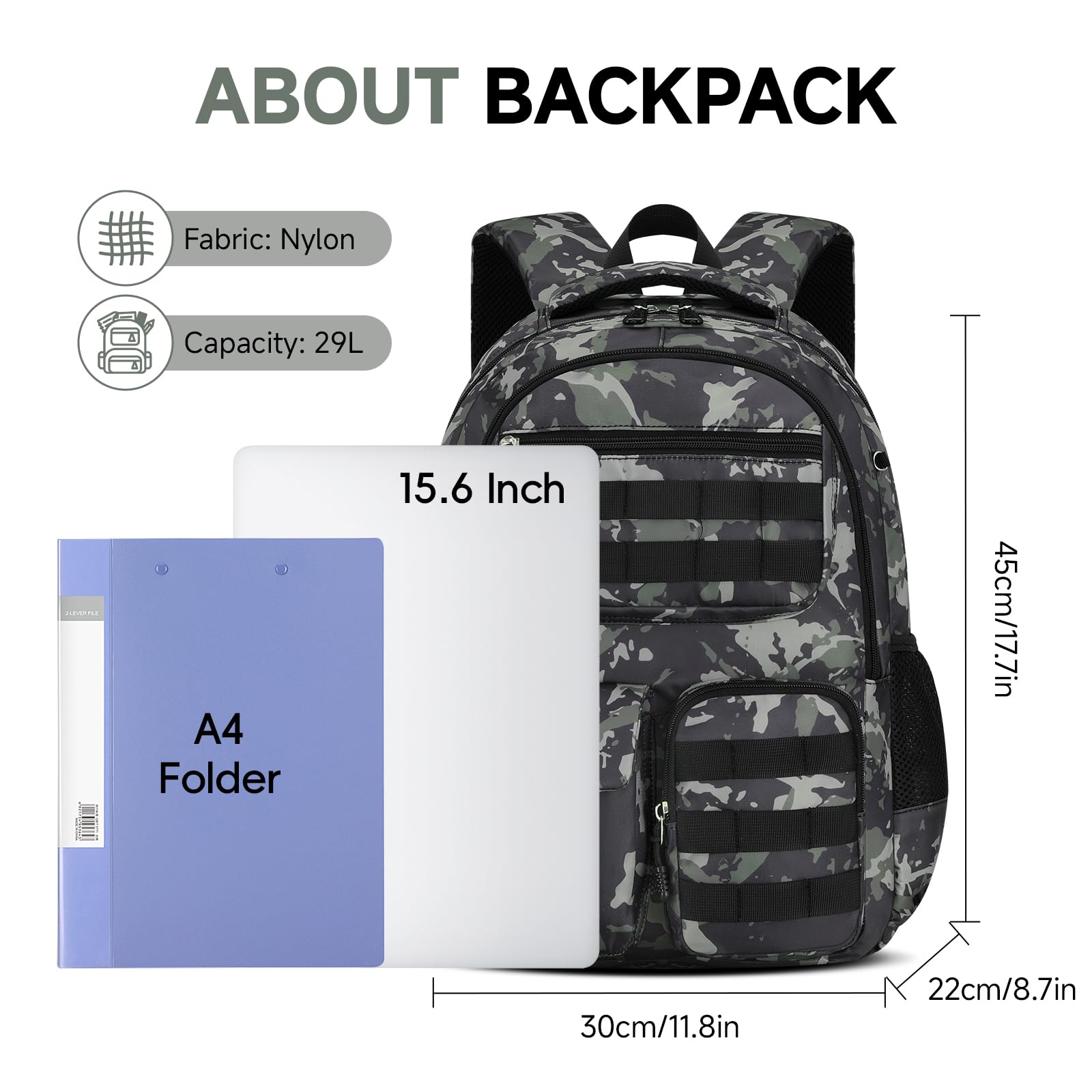 Amythe Mochila Escolar Niño Adolescente Camuflaje, Mochila para Niños con Tira Reflectante 8 a 15 Años, Mochilas Escolares Grande Impermeable e Ligera, Verde Intenso