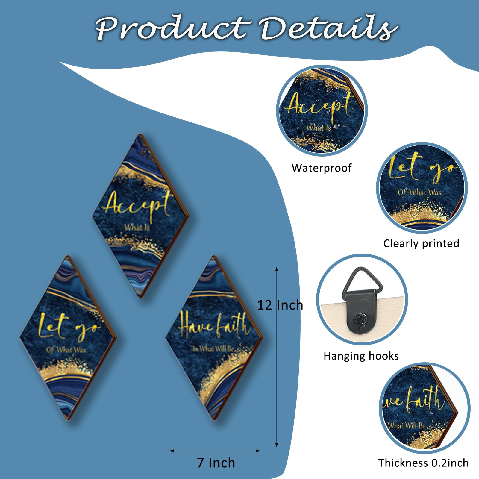 3 piezas de decoración de baño azul y dorado, decoración de pared dorada con cita de Accept Let Go Have Faith rústica vintage para mujer, hogar, lavandería, sala de estar, dormitorio (12 x 7) 3