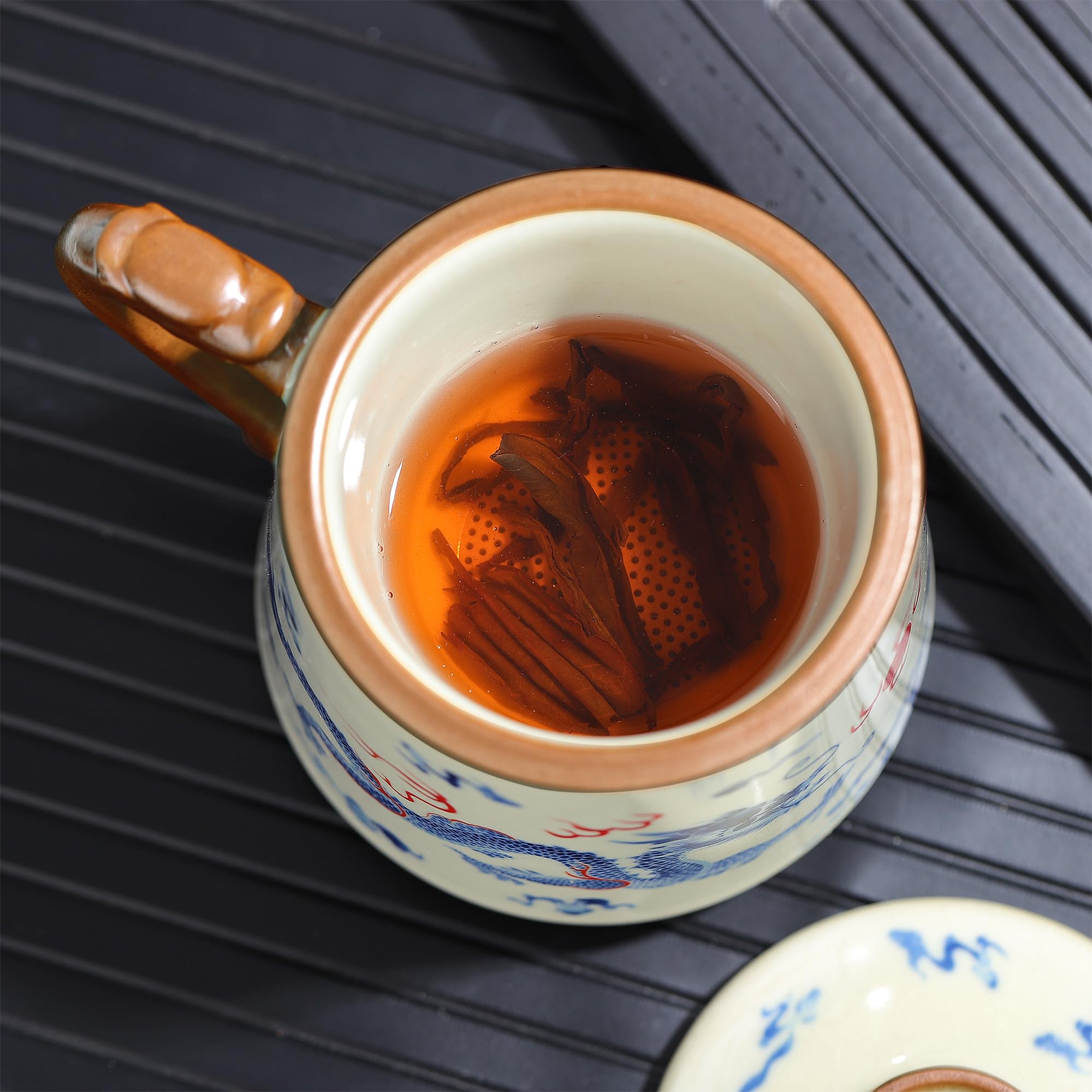 fanquare Chinese Tea Cups with Infuser and Lid, Blue Loong Tea Mugs, Porcelain Large Tea Steeping Mug for Home Gifts 450ml - Image 4