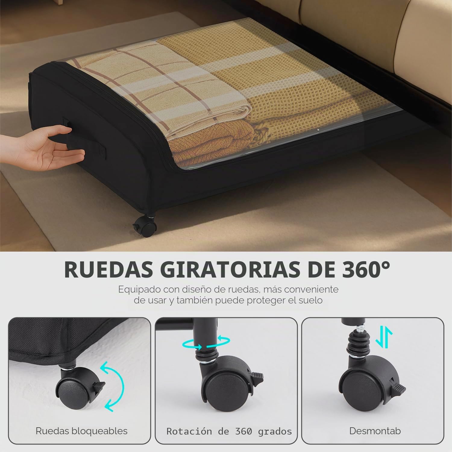 3 Piezas 50l Cajas Almacenaje Ropa Con Ruedas, Caja De Almacenamiento Debajo De La Cama Marco Metálico, Bolsas De Almacenamiento Guardar Plegable Multiusos Para Zapatos, Ropa, Juguetes, Libro