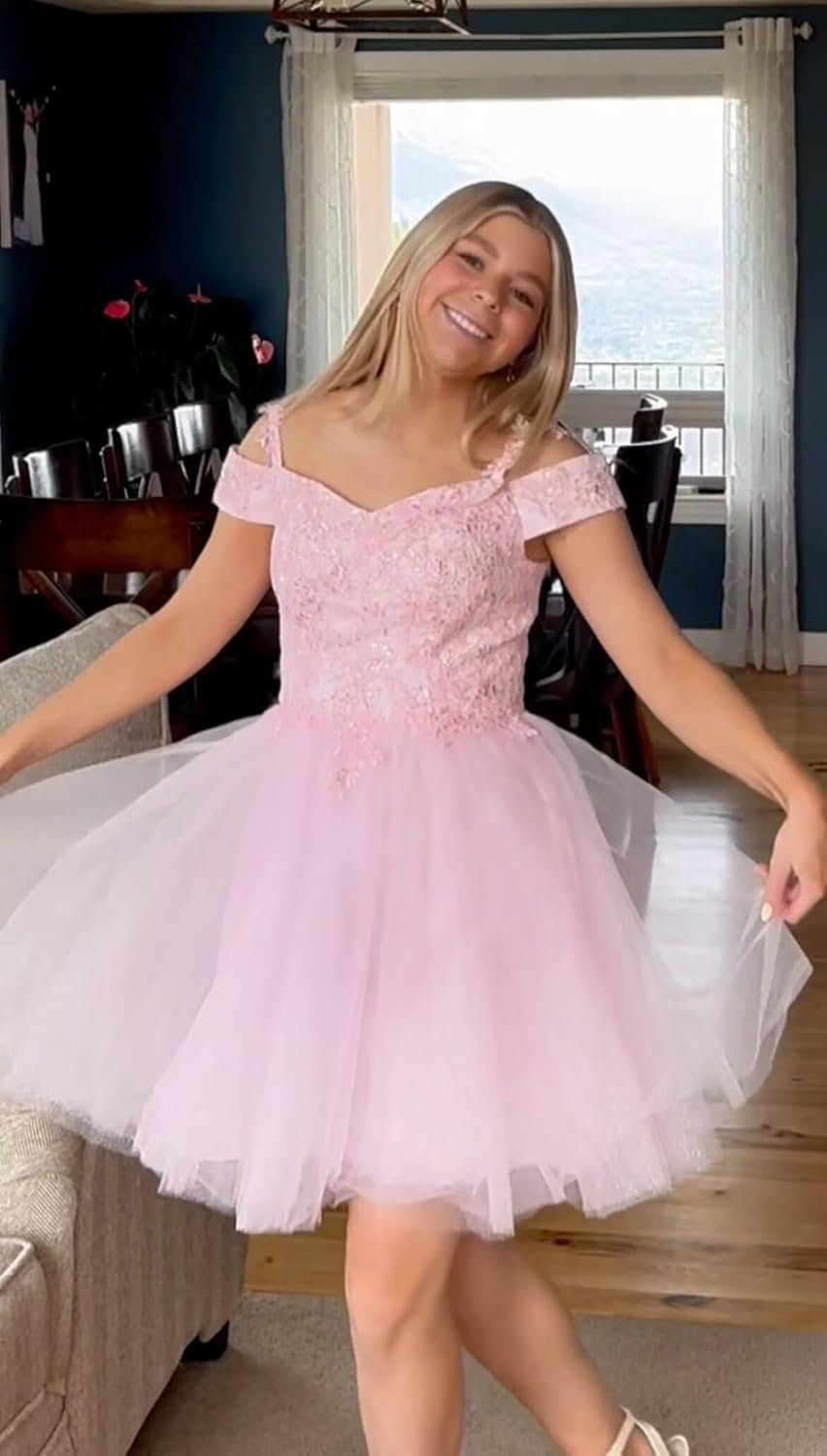 Sparkly Lace Applique Homecoming Dresses for Teens 2026 Short A-Line Puffy Glitter Tulle Formal Prom HOCO Dress - Image 2