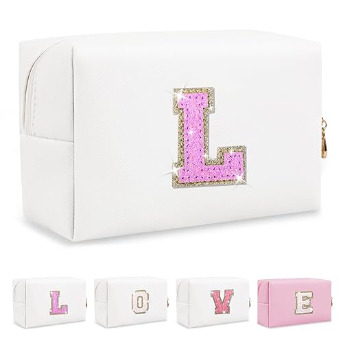 Miniatura 363 de Bolsa de maquillaje personalizada con inicial A-Z Preppy Patch, pequeña bolsa de cosméticos de PU con letra de chenilla y cierre para niñas Negro