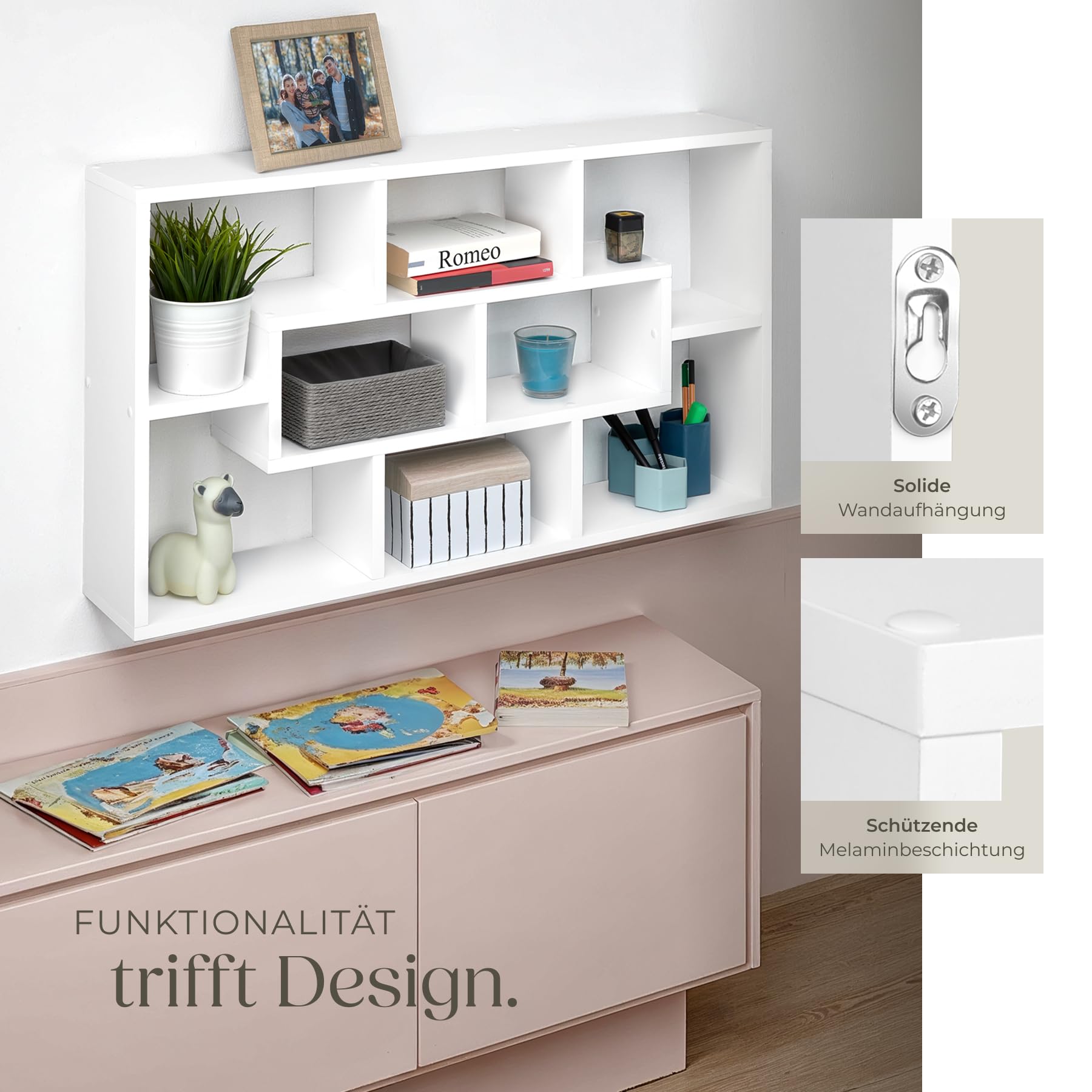 tectake® Wandregal mit 8 Fächern, Hängeregal 85 x 16 x 48 cm, Bücherregal Wand, Wanddeko Wohnzimmer Möbel, Schlafzimmer Deko, Schweberegal, Flur Möbel, Wandregal Kinderzimmer - weiß