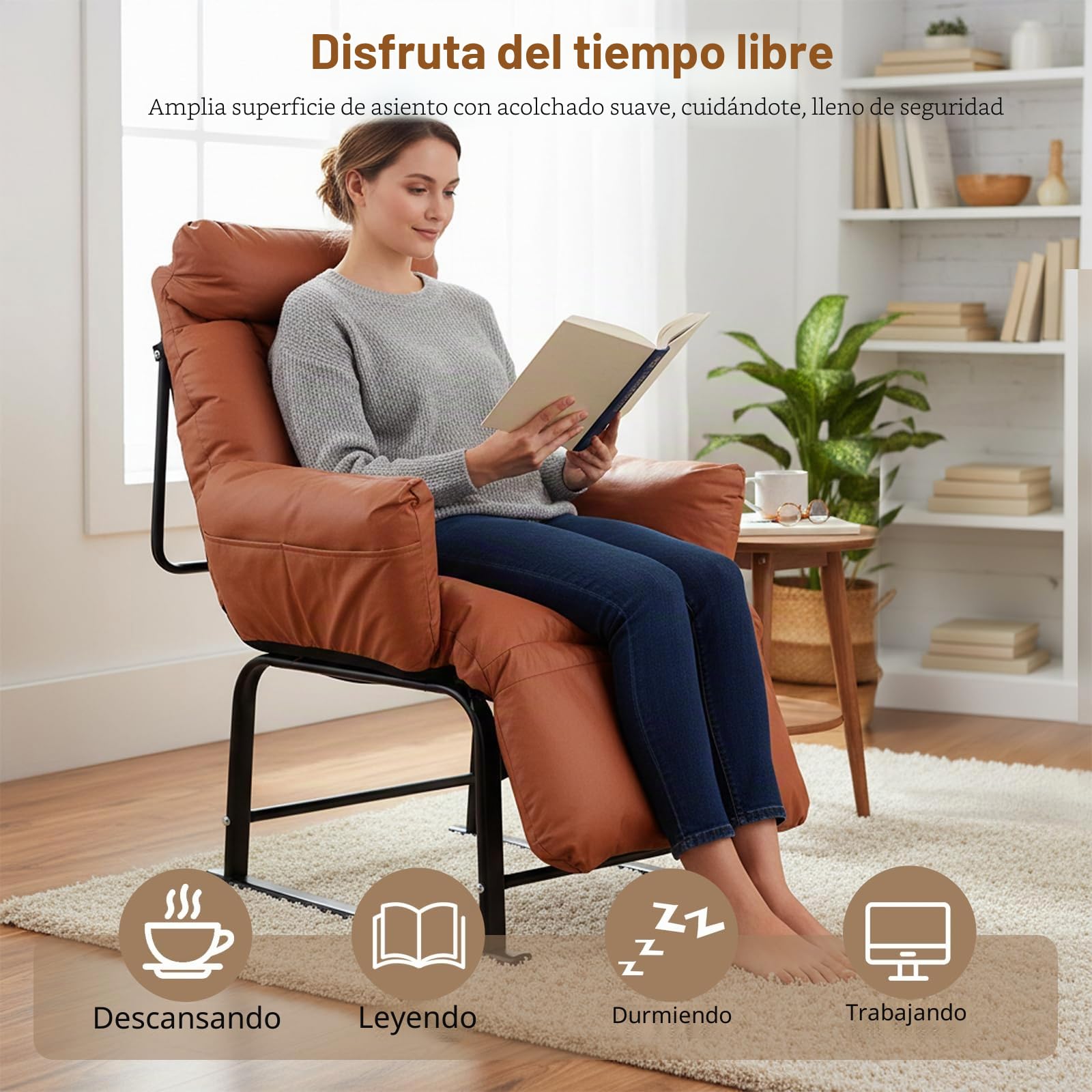 Sillón Relax, Respaldo Reclinable 90°-180°, Estructura de Metal, Hasta 150kg, para Dormitorio Infantil, Dormitorio, Salón, Balcón, Naranja