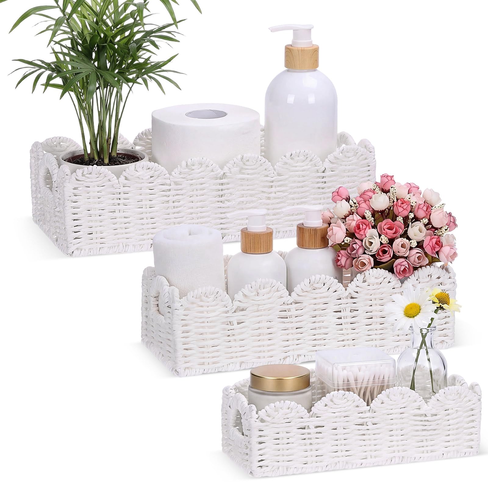 Boao 3 Pcs Boho Storage Wicker Baskets Handmade Woven Decorative Paper Rope Baskets for Organizing with Handle Countertop Toilet Paper Storage Container for Toilet Tank Top (White,Fan-shaped)